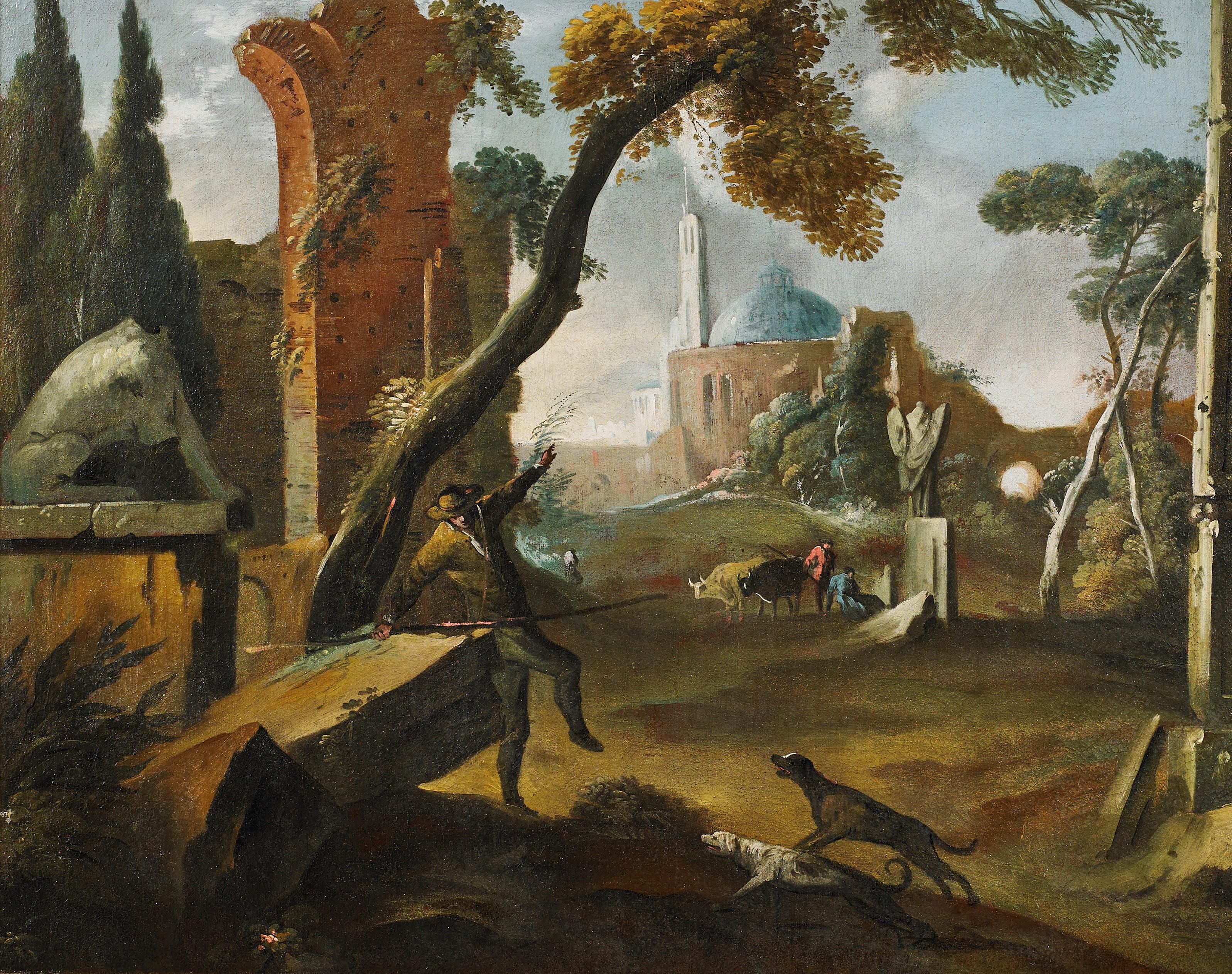 18th Century Architectural Capriccio Vetturali Landscape Oil on Canvas Greeen - Italian School Painting by Gaetano Vetturali (Lucca, 1701-1783) 