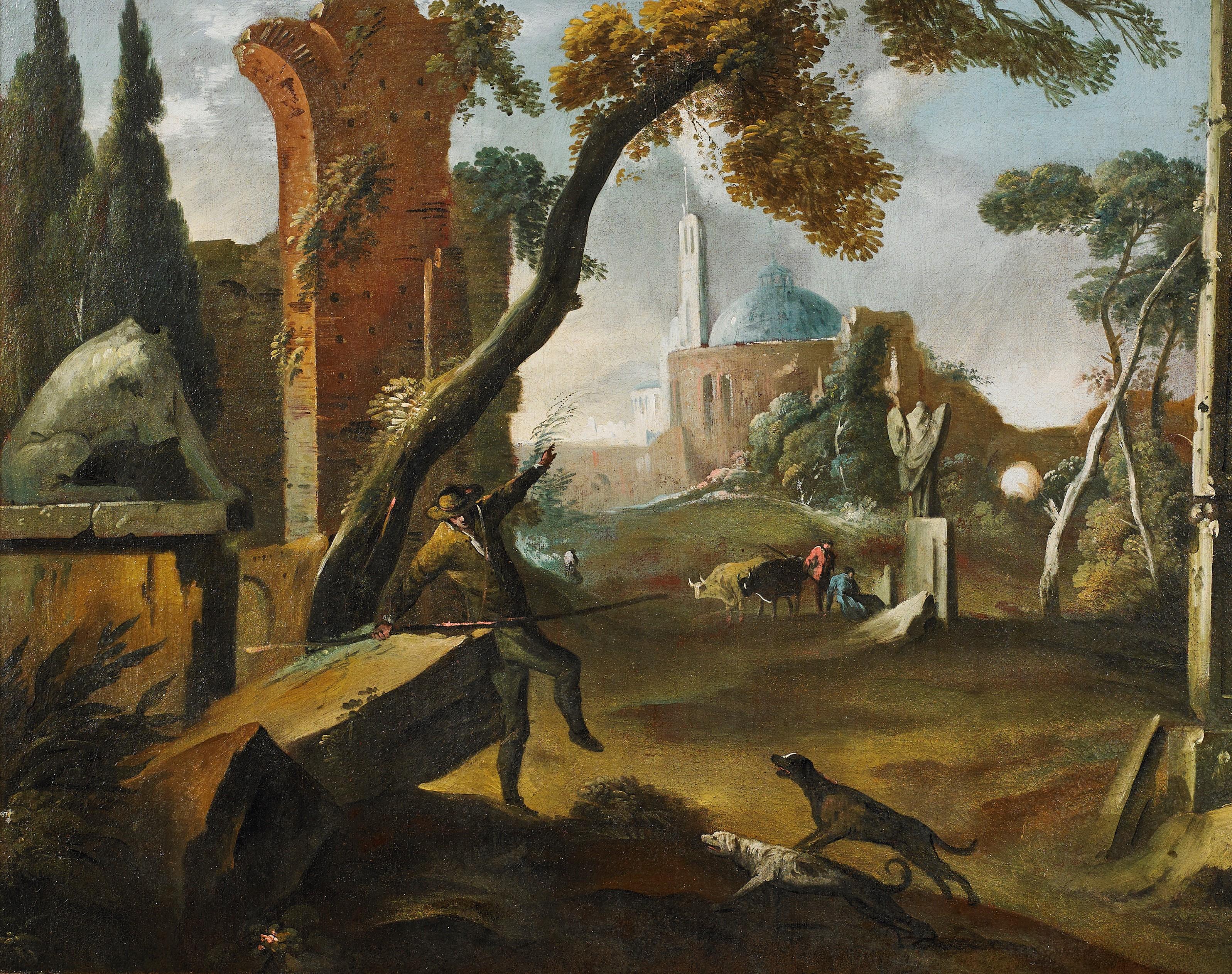 Siglo XVIII Arquitectura Capriccio Vetturali Paisaje Óleo sobre lienzo Greeen - Painting Escuela italiana de Gaetano Vetturali (Lucca, 1701-1783) 