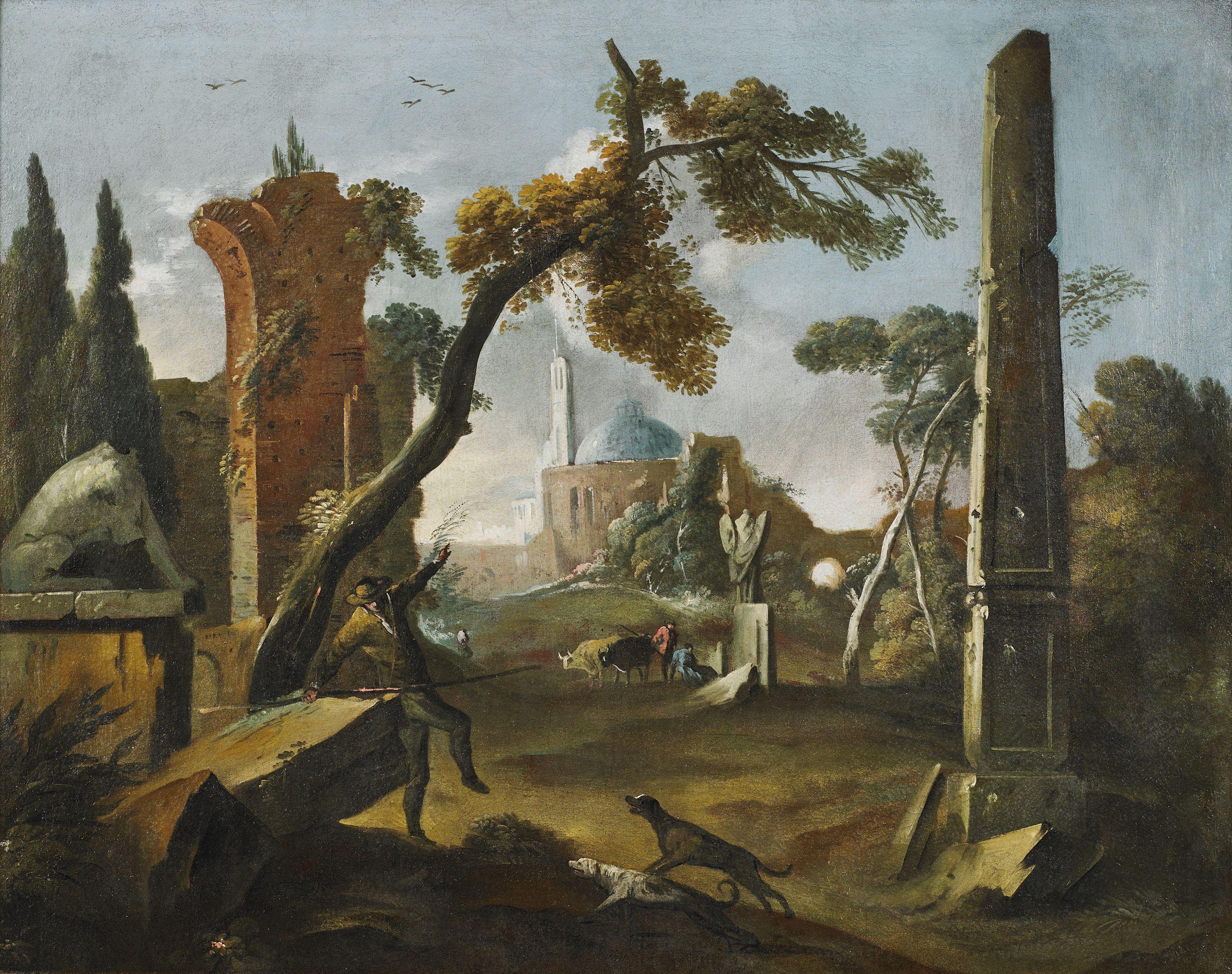 Gaetano Vetturali (Lucca, 1701-1783)  Landscape Painting - 18th Century Architectural Capriccio Vetturali Landscape Oil on Canvas Greeen