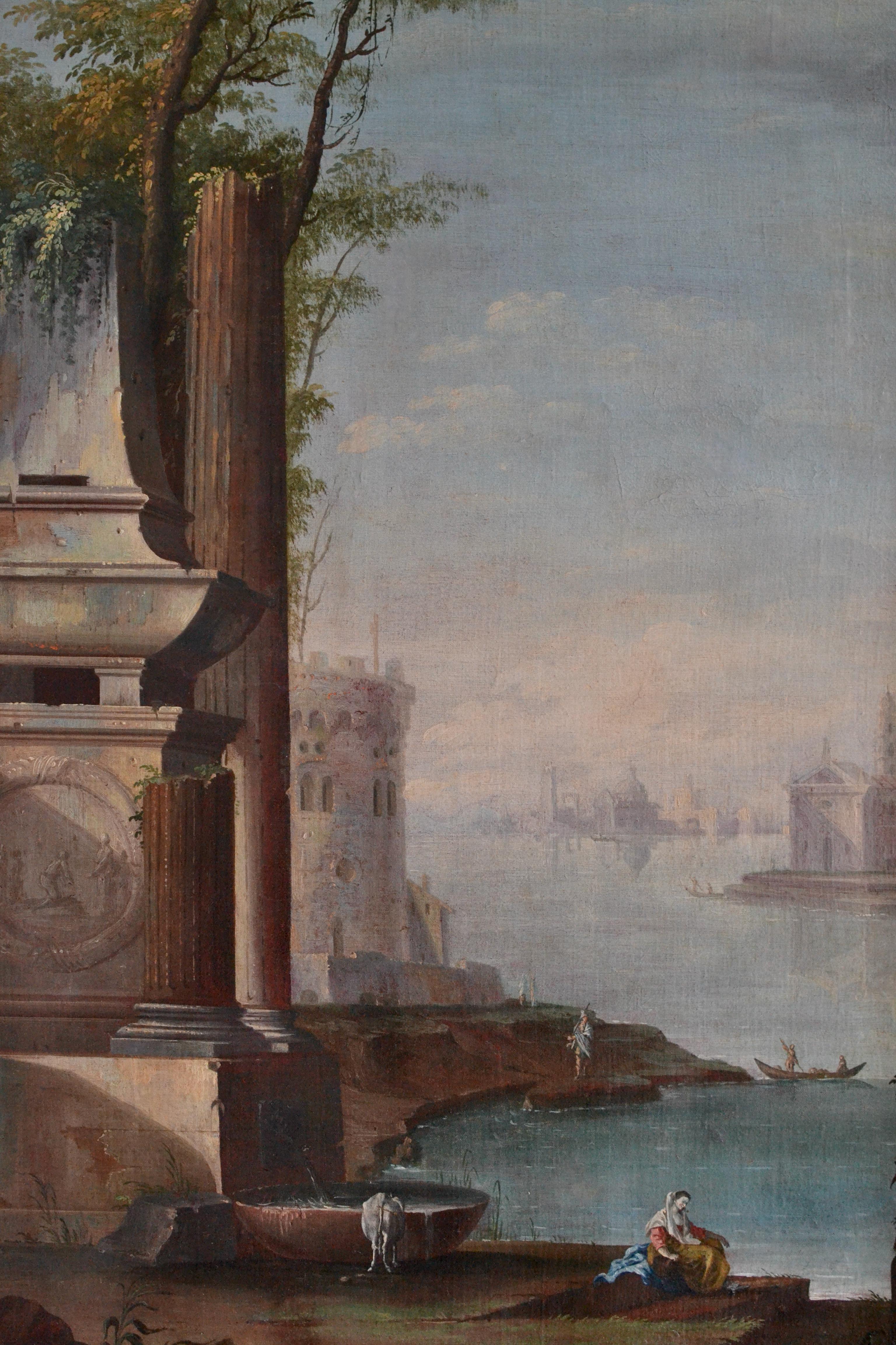 A Venetian capriccio view with classical architectural ruins and in the background the church of San Giorgio Maggiore and the Church of Santa Maria della Salute next to the Grand Canal by Gaetano Vetturali (Italy 1701‑1783).  Indistinctly signed and