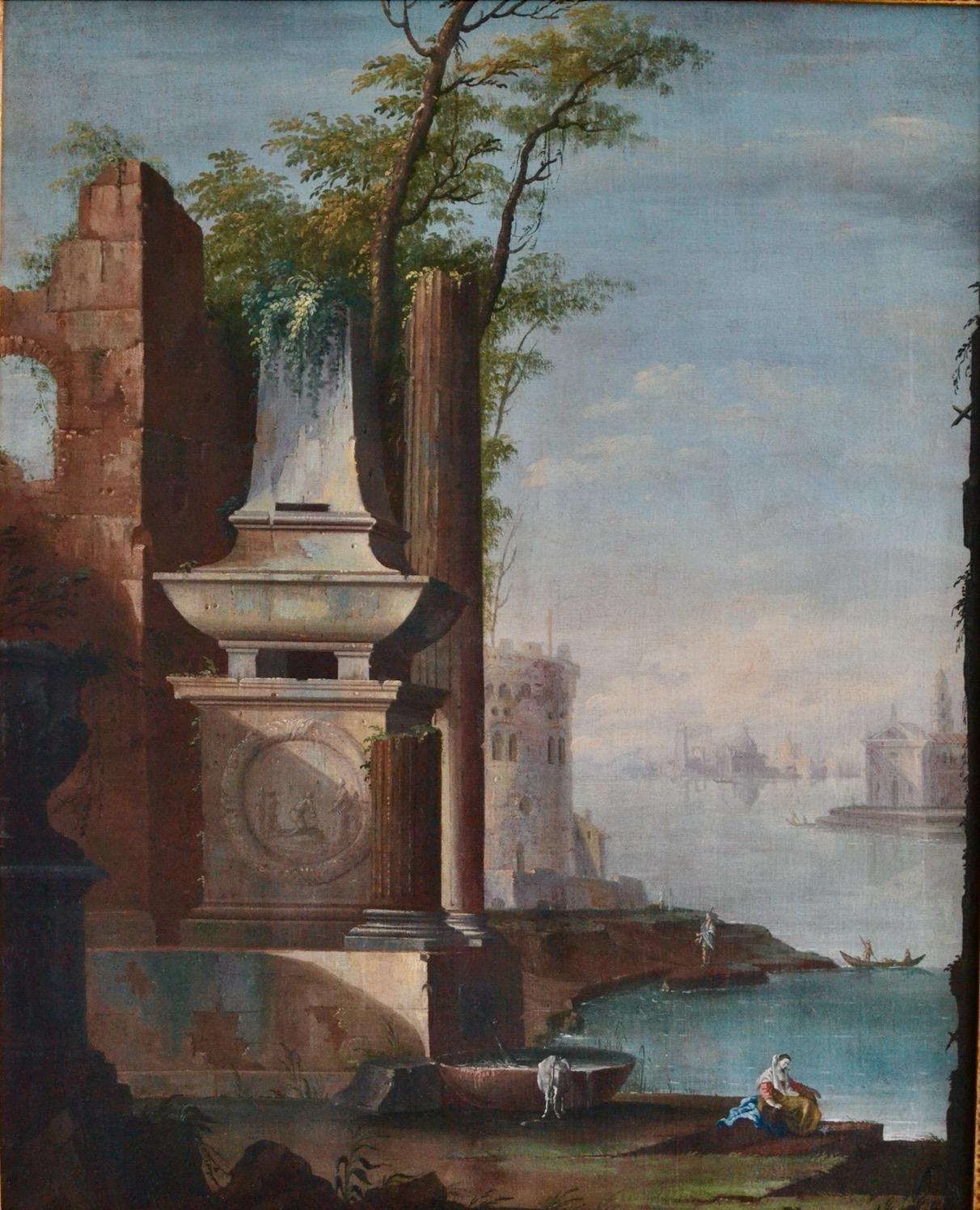 Capriccio View with Classical Ruins and Santa Maria della Salute - Painting by Gaetano Vetturali (Lucca, 1701-1783) 