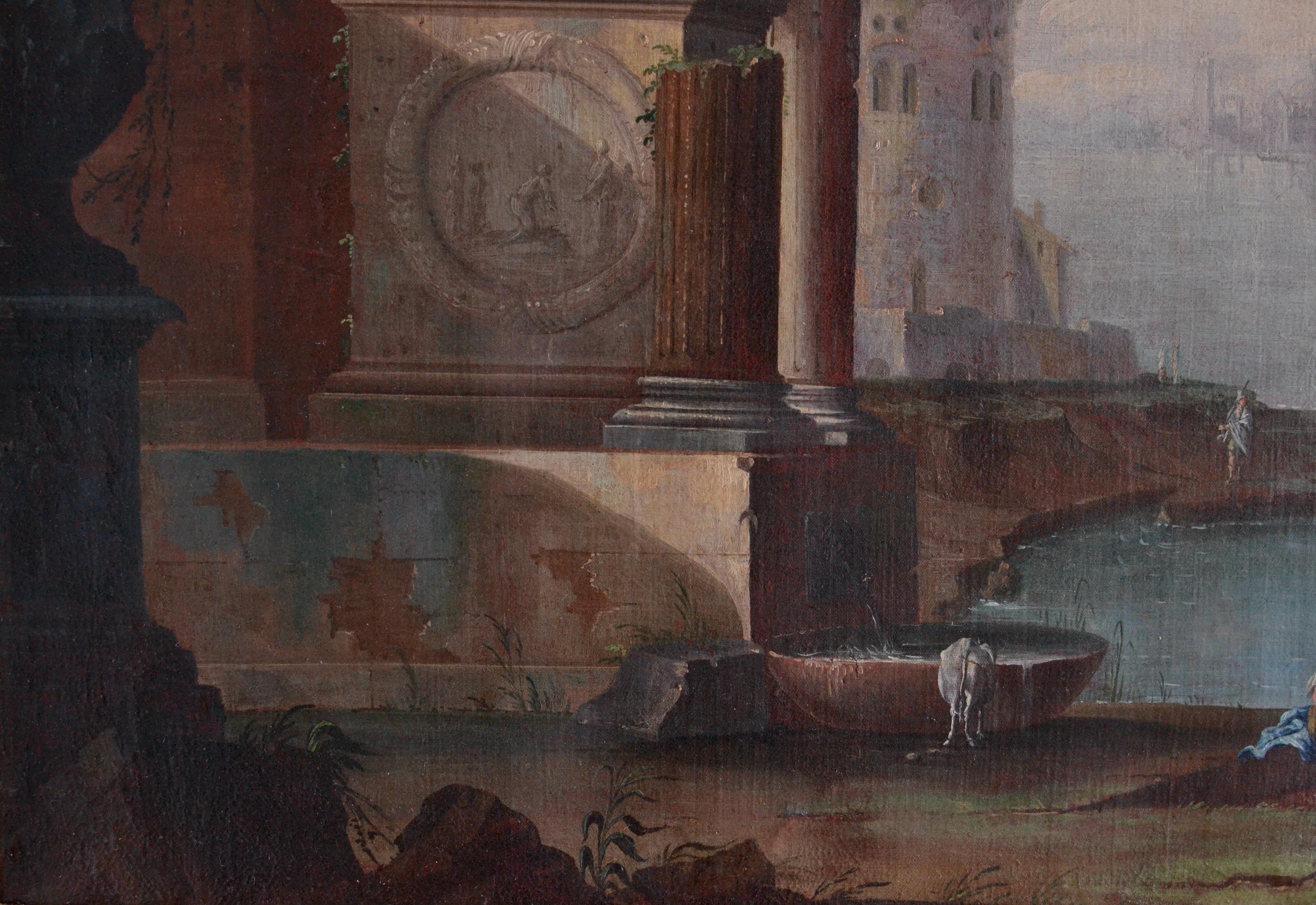 Capriccio View with Classical Ruins and Santa Maria della Salute - Old Masters Painting by Gaetano Vetturali (Lucca, 1701-1783) 
