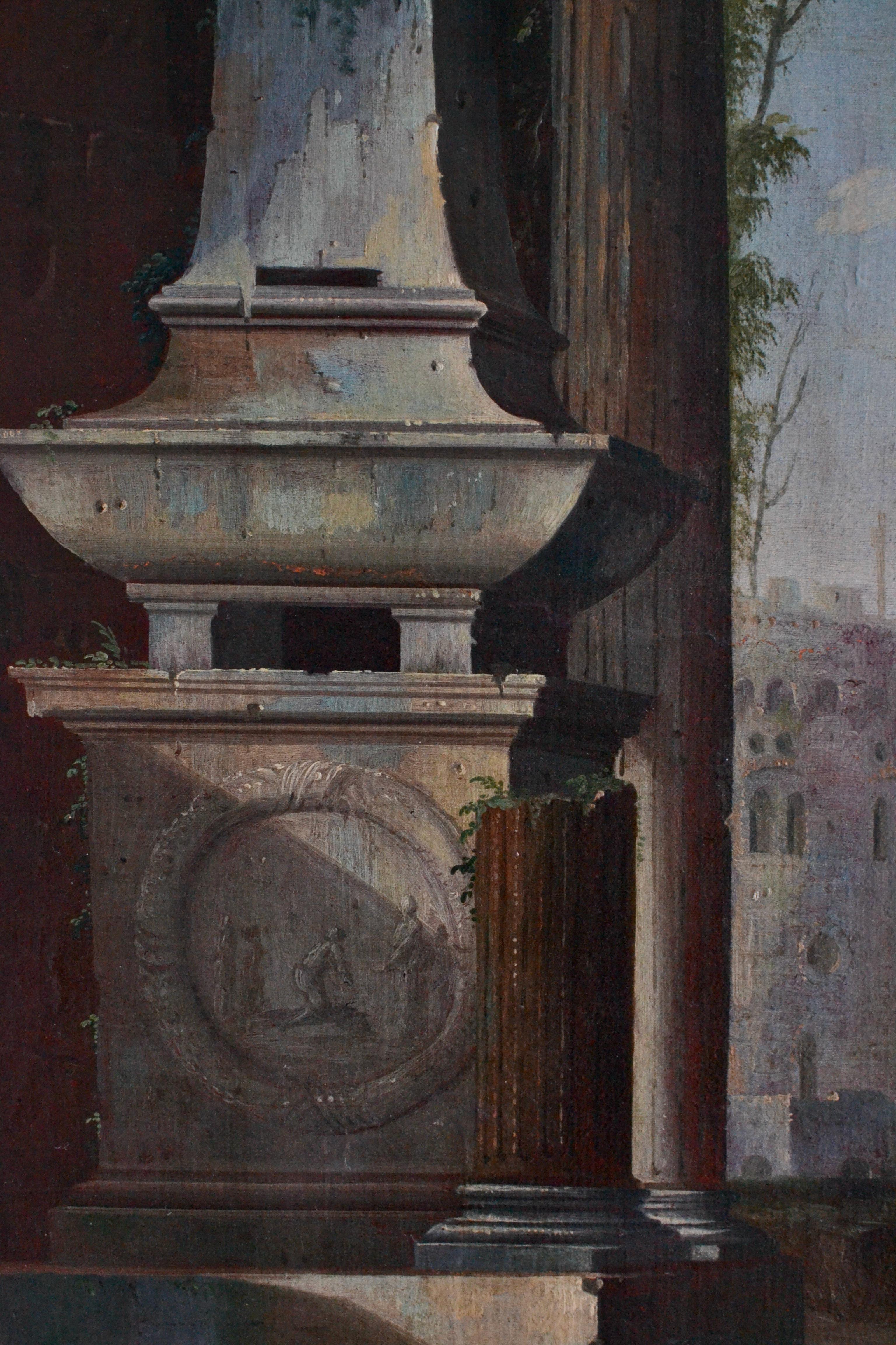 Capriccio View with Classical Ruins and Santa Maria della Salute - Gray Landscape Painting by Gaetano Vetturali (Lucca, 1701-1783) 