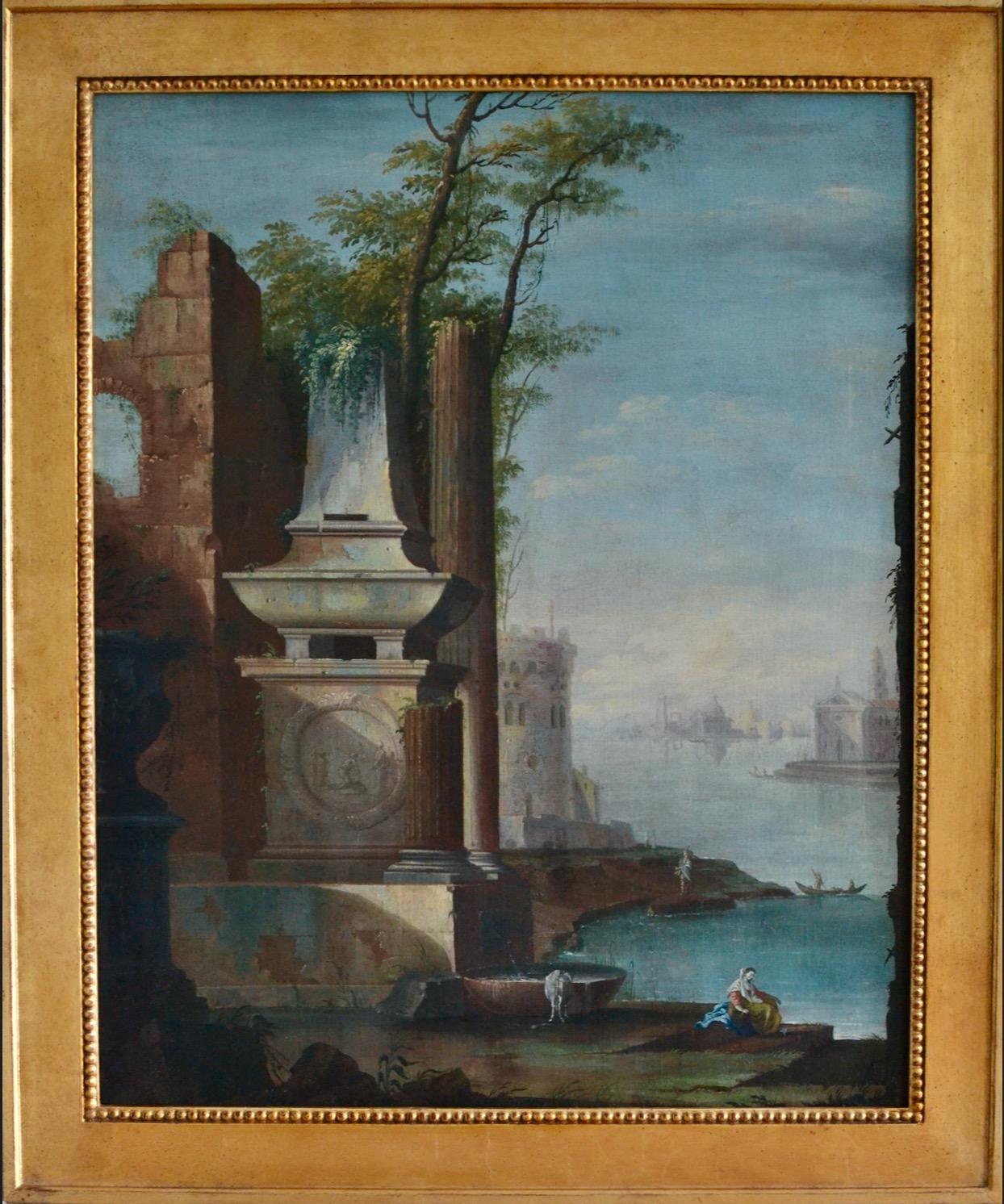 Gaetano Vetturali (Lucca, 1701-1783)  Landscape Painting - Capriccio View with Classical Ruins and Santa Maria della Salute