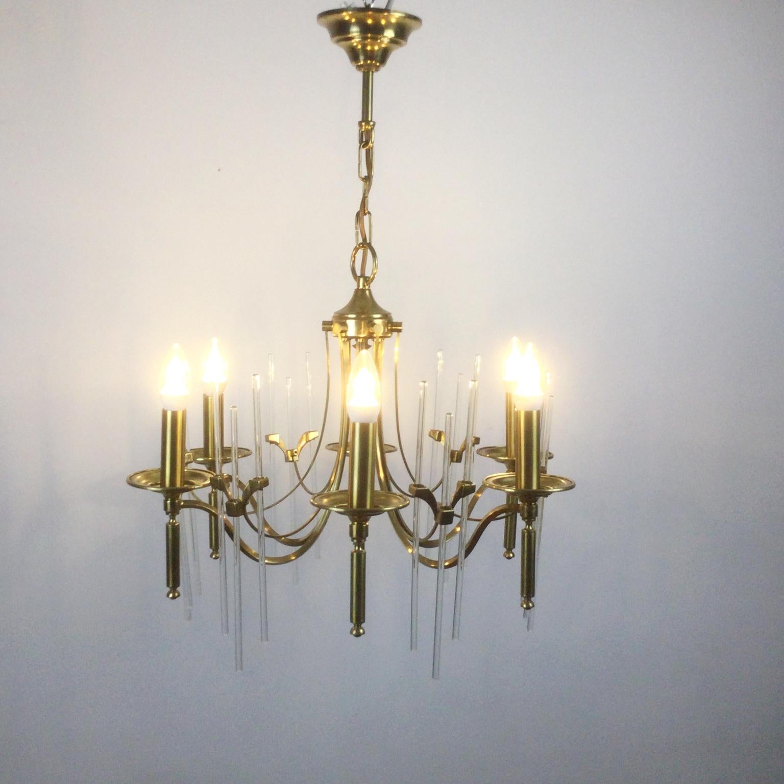 Italian 1960s Gaeteno Sciolari Brass and Glass Chandelier For Sale