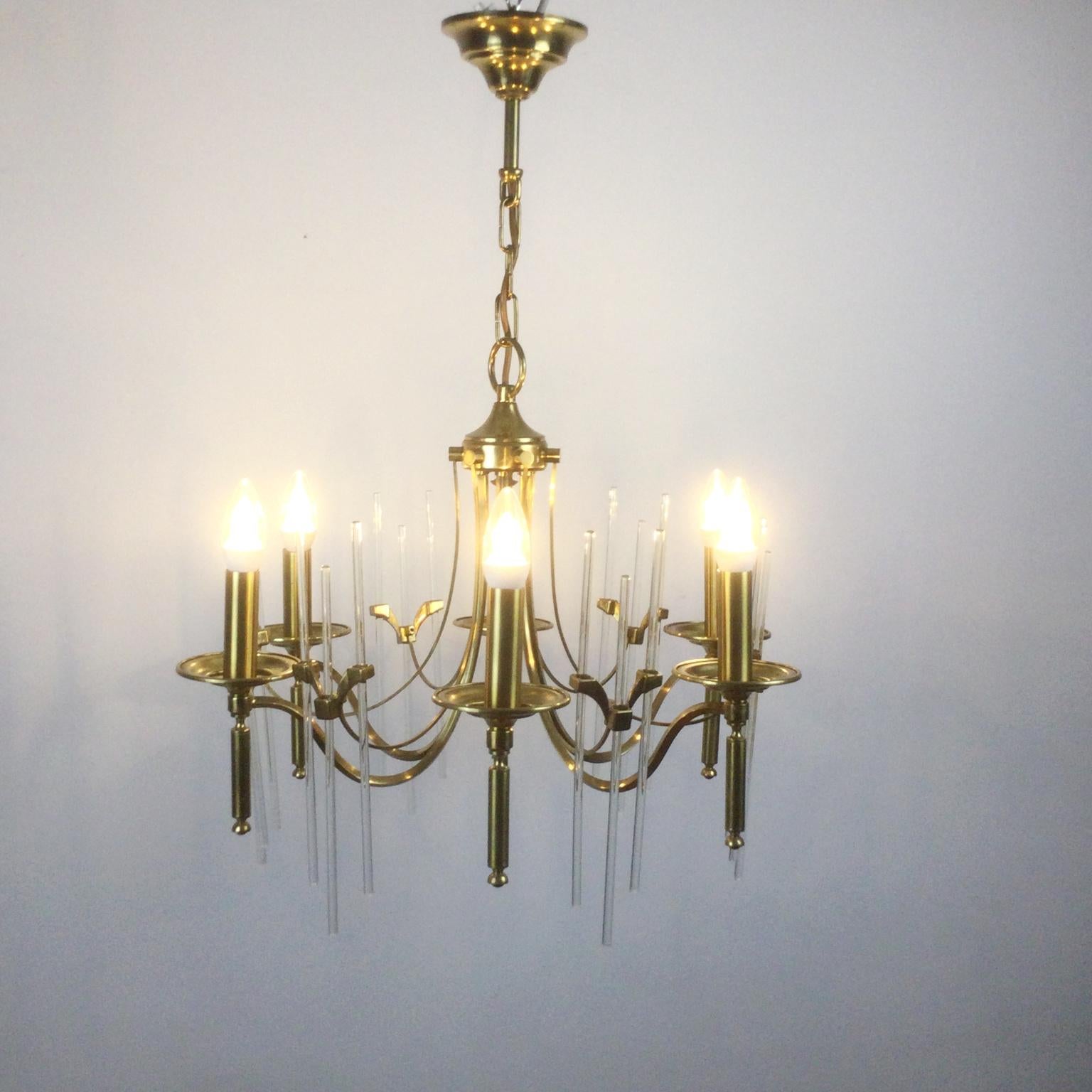 Italian Gaeteno Sciolari Brass and Glass Chandelier, Italy, 1960s For Sale