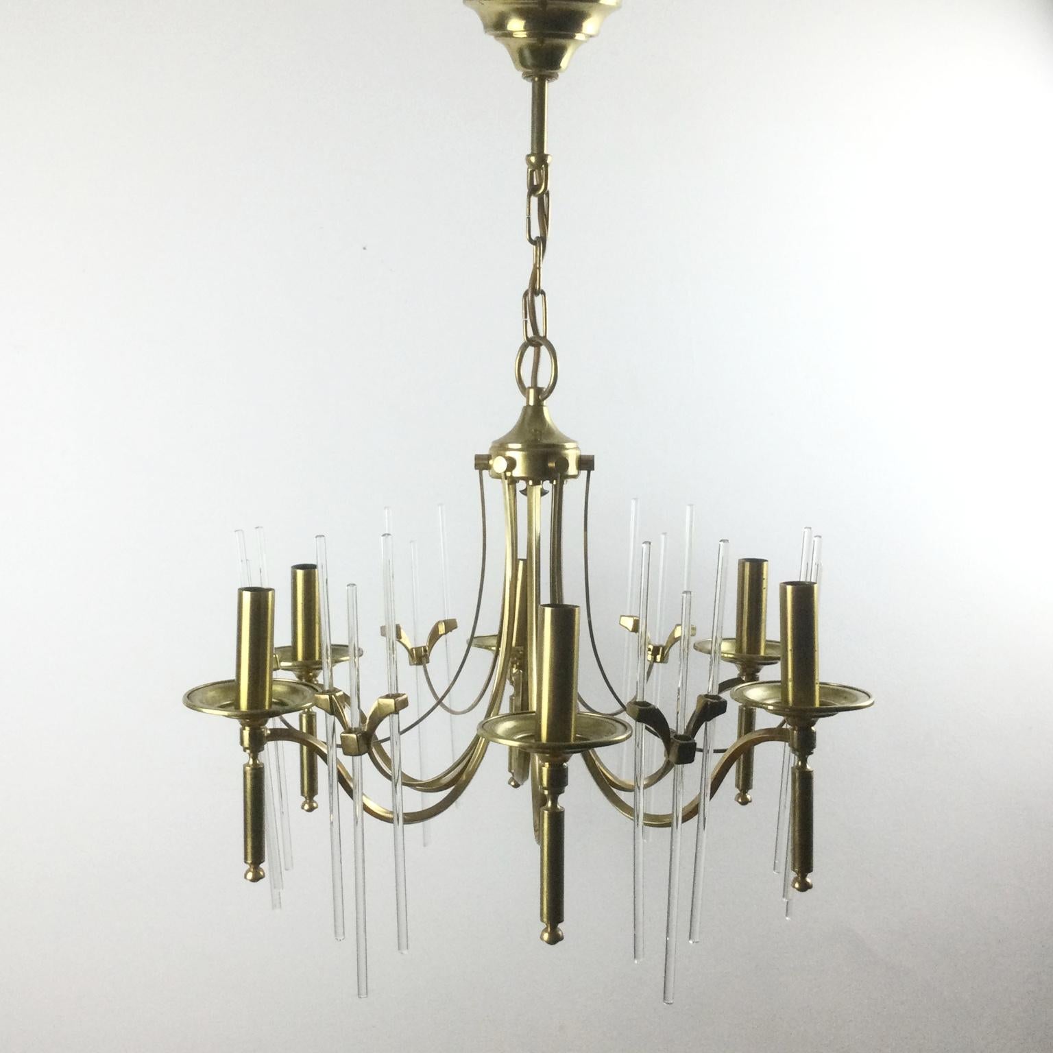 Metalwork Gaeteno Sciolari Brass and Glass Chandelier, Italy, 1960s For Sale