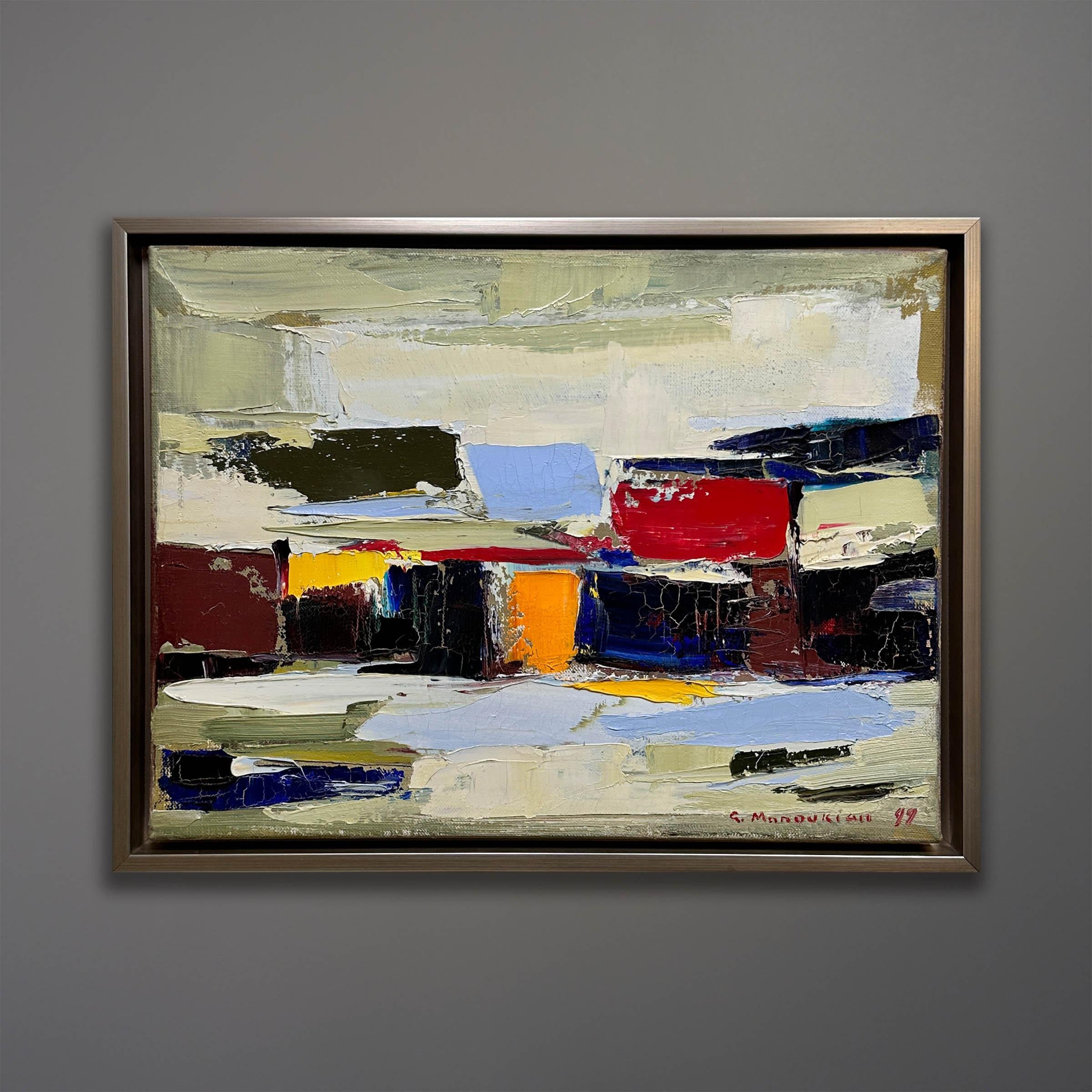 Offered here is an original abstract oil painting on linen signed by Gagik Manoukian and dated 1999. It measures 17×13 inches as float framed in warm silver gilt over wood. This painting is reminiscent of Hans Hoffman and Nicolas de Staël. Gagik