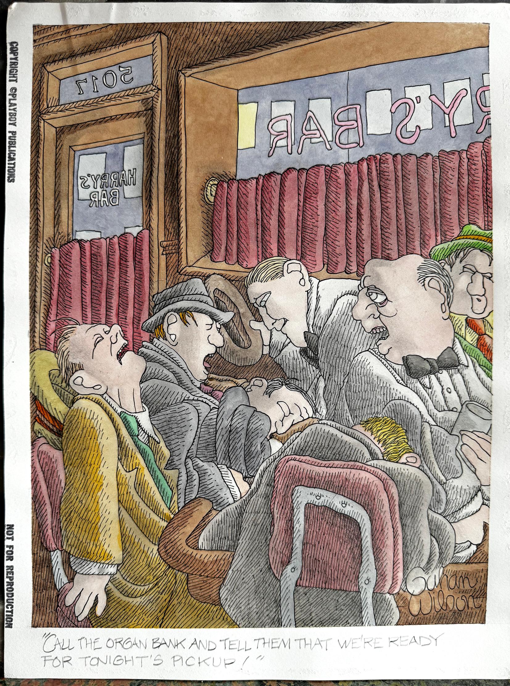 Scène de bar en macabre - École de Charles Addams - Cartoon Playboy - Painting de Gahan Wilson