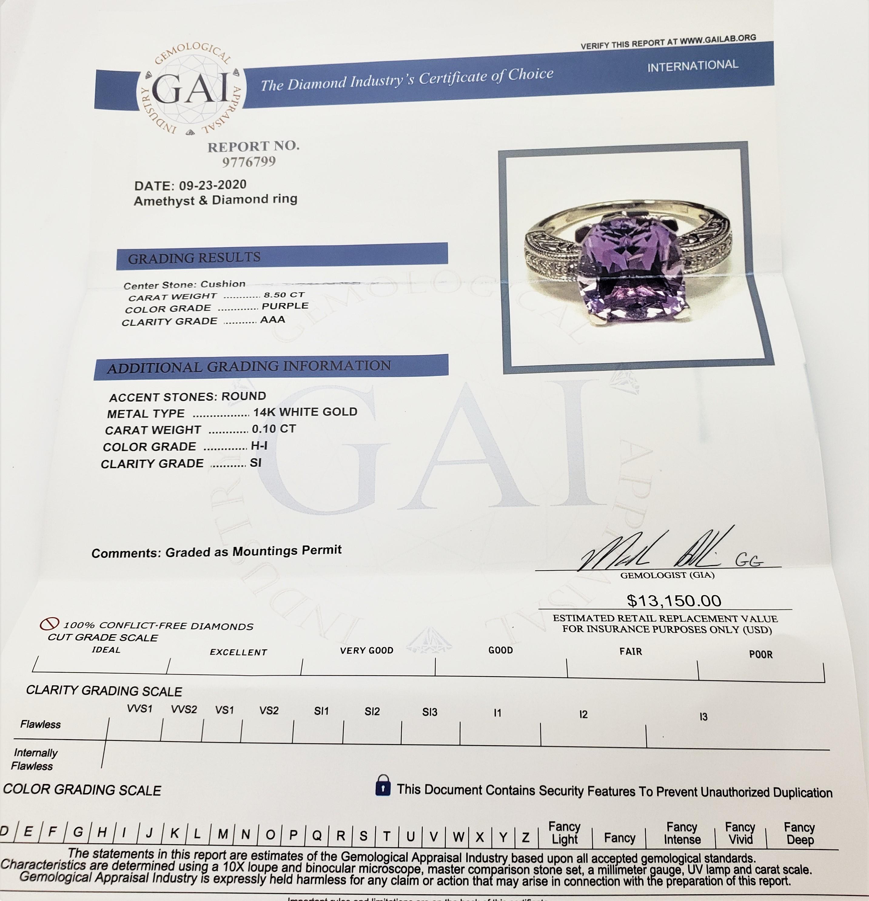 Bague en or blanc 14 carats avec améthyste et diamants certifiés GAI en vente 4