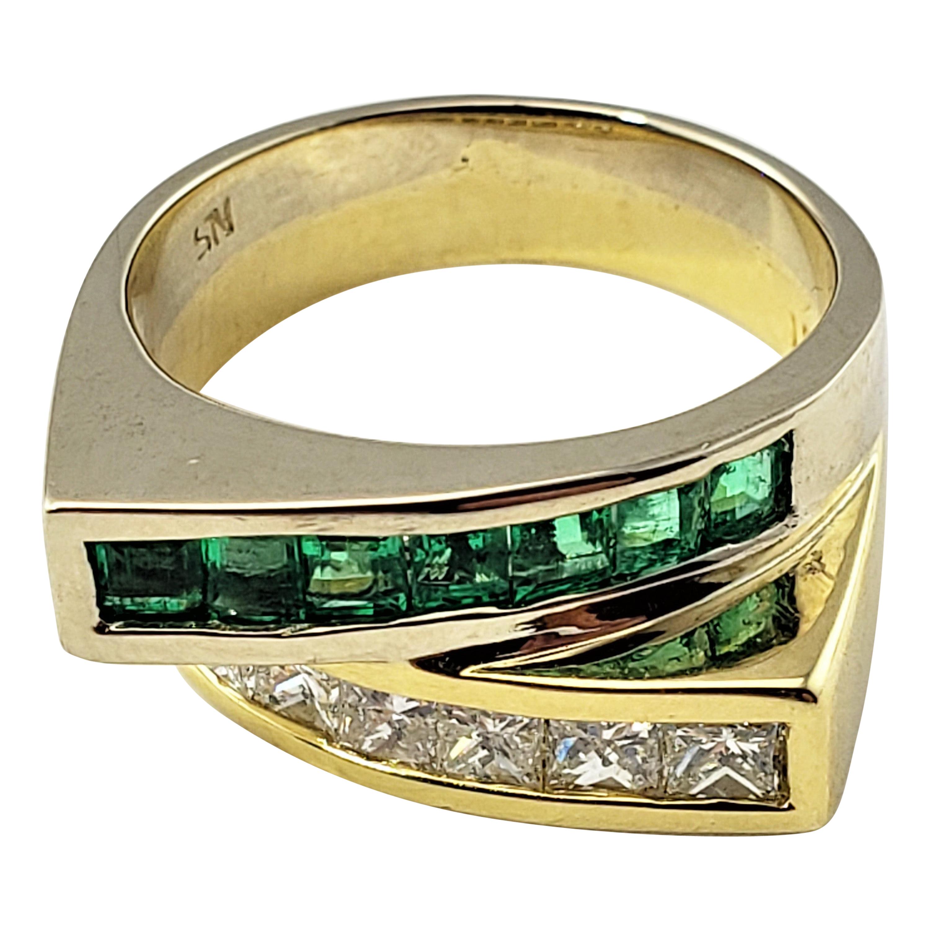 18 Karat Yellow Gold Emerald and Diamond Ring For Sale
