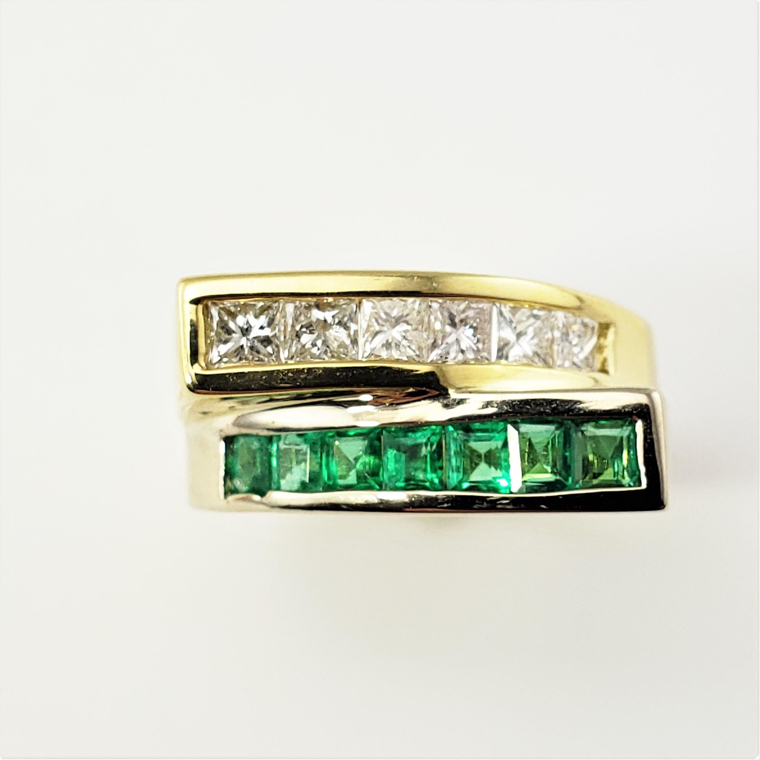 Vintage 18 Karat Yellow Gold Emerald and Diamond Ring Size 6.75 GAI Certified -

This lovely ring features seven princess cut emeralds and six princess cut diamonds set in classic 18K yellow gold. Width: 9 mm.
Shank: 5 mm.

Approximate total diamond