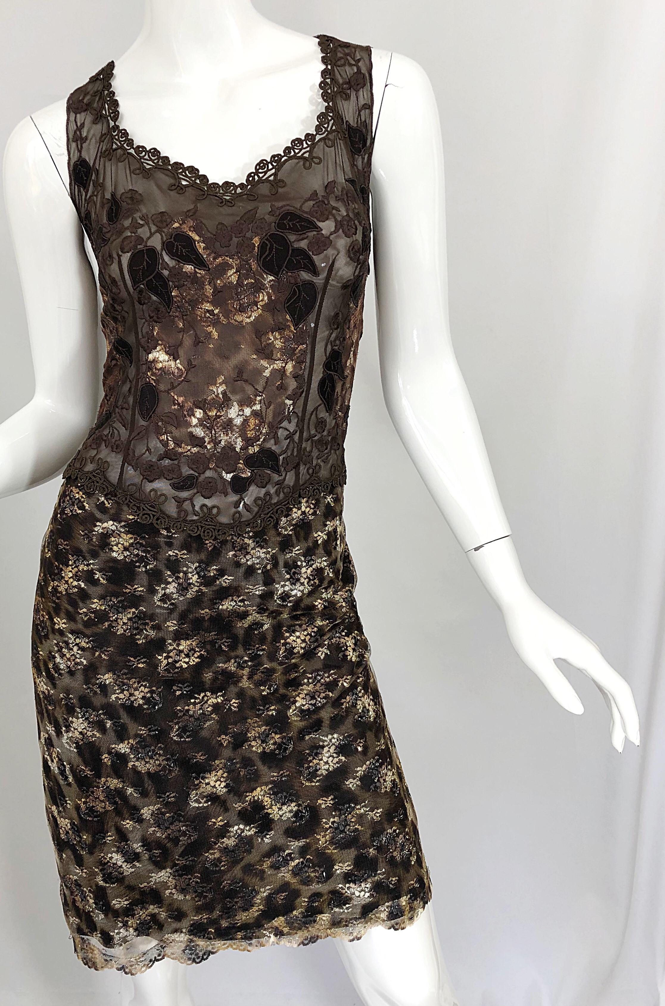 Gai Mattiolo 1990s Sexy Semi Sheer Leopard Brown Metallic Vintage 90s Dress For Sale 3