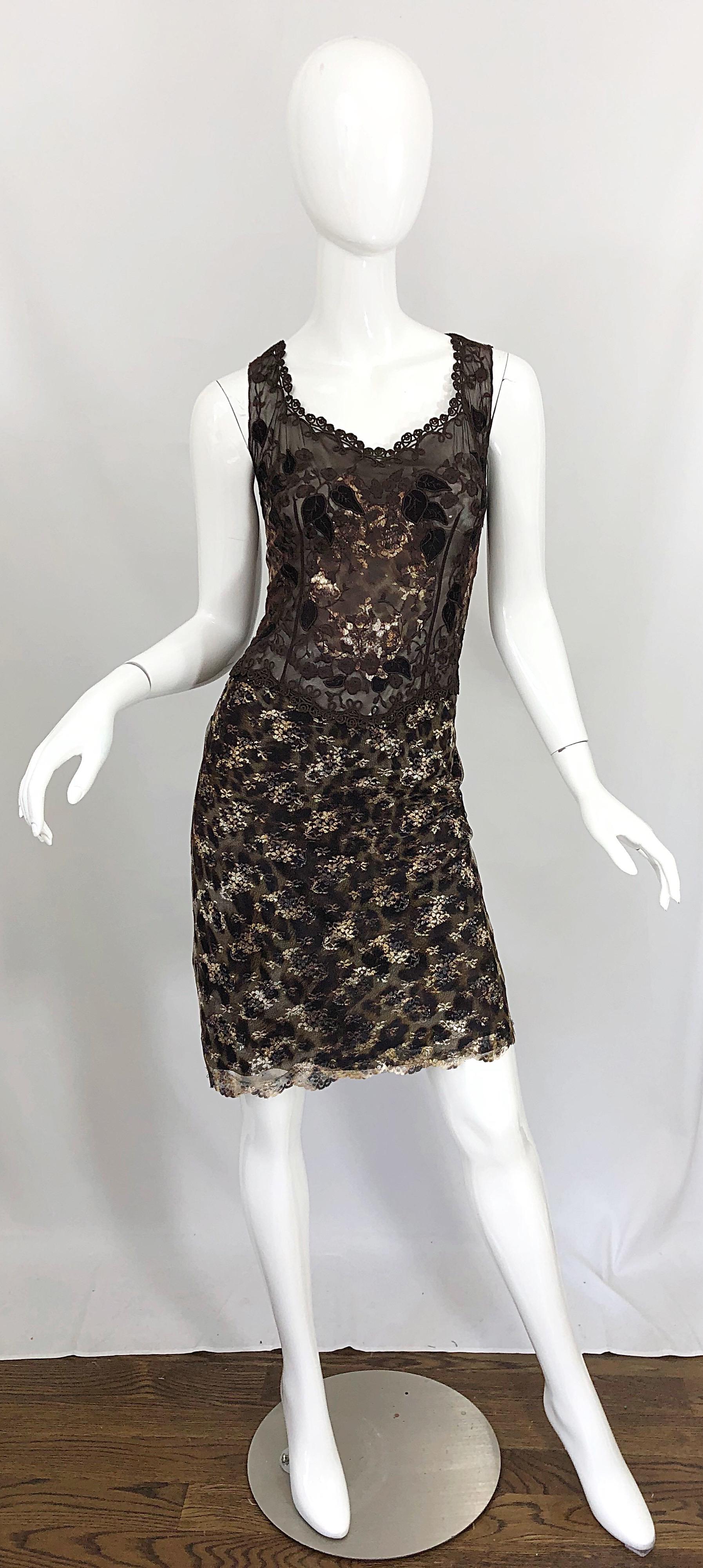 Gai Mattiolo 1990s Sexy Semi Sheer Leopard Brown Metallic Vintage 90s Dress For Sale 7
