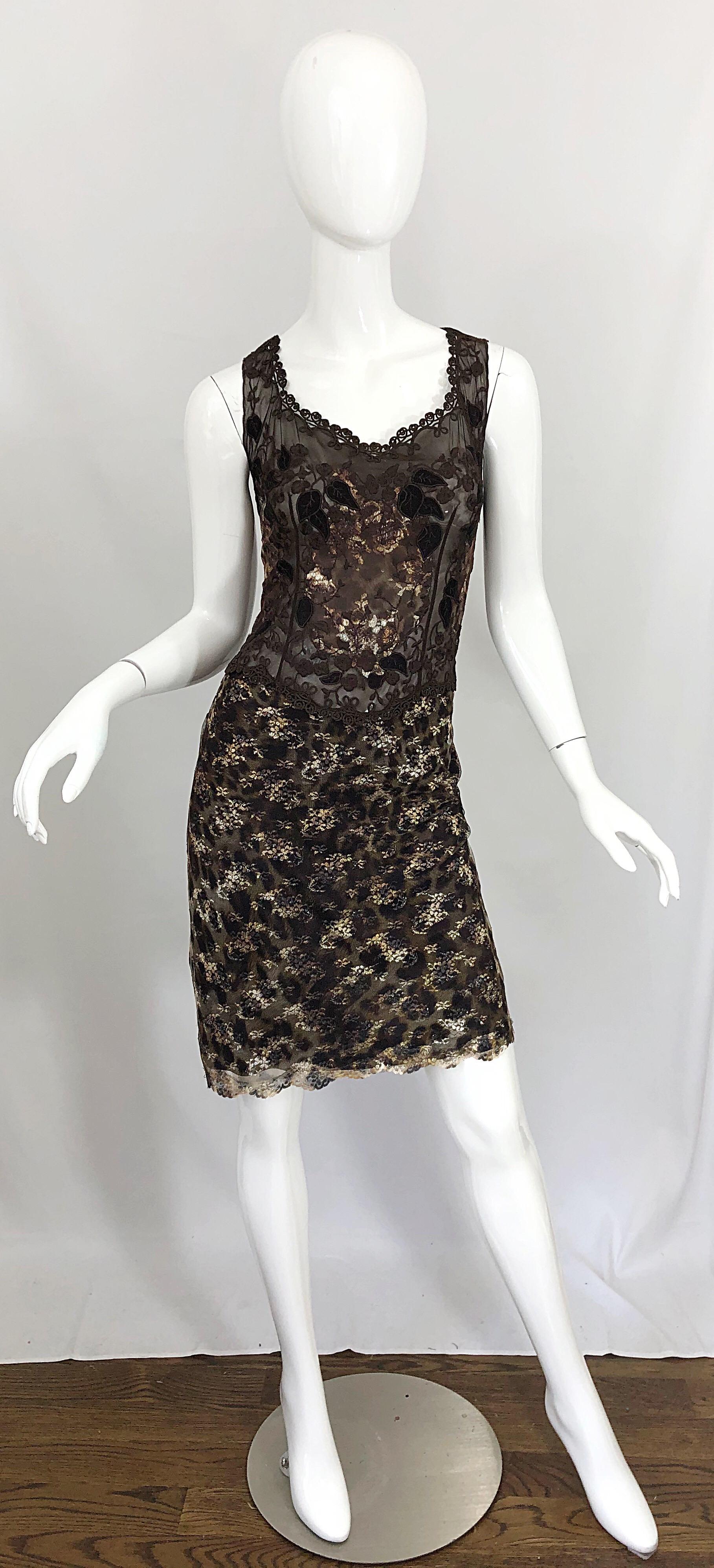 Sexy late 90s GAI MATTIOLO vintage semi sheer leopard print brown semi sheer sleeveless dress! Features intricate embroidery on the bodice, which covers the breasts. Gold, silver and bronze metallic embroidery throughout the entire dress. Hidden