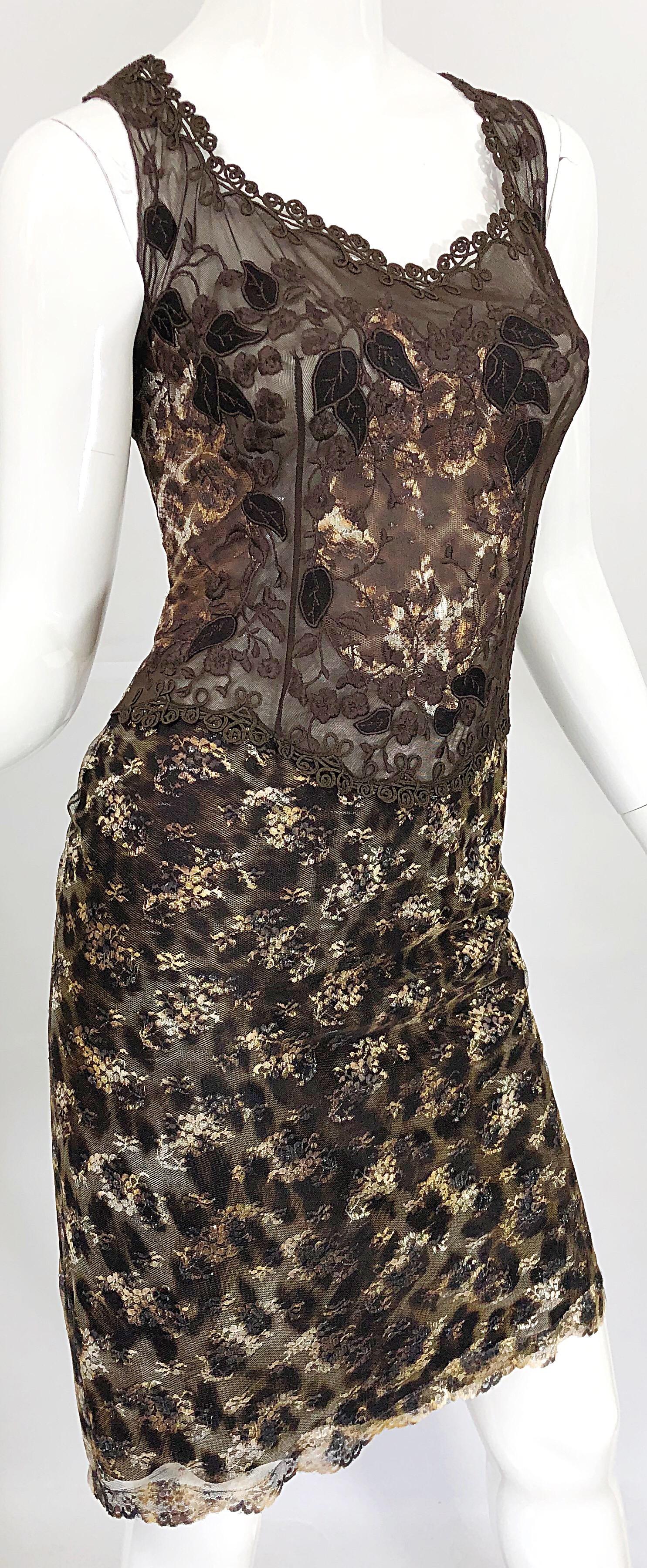 Gai Mattiolo 1990s Sexy Semi Sheer Leopard Brown Metallic Vintage 90s Dress In Excellent Condition For Sale In San Diego, CA