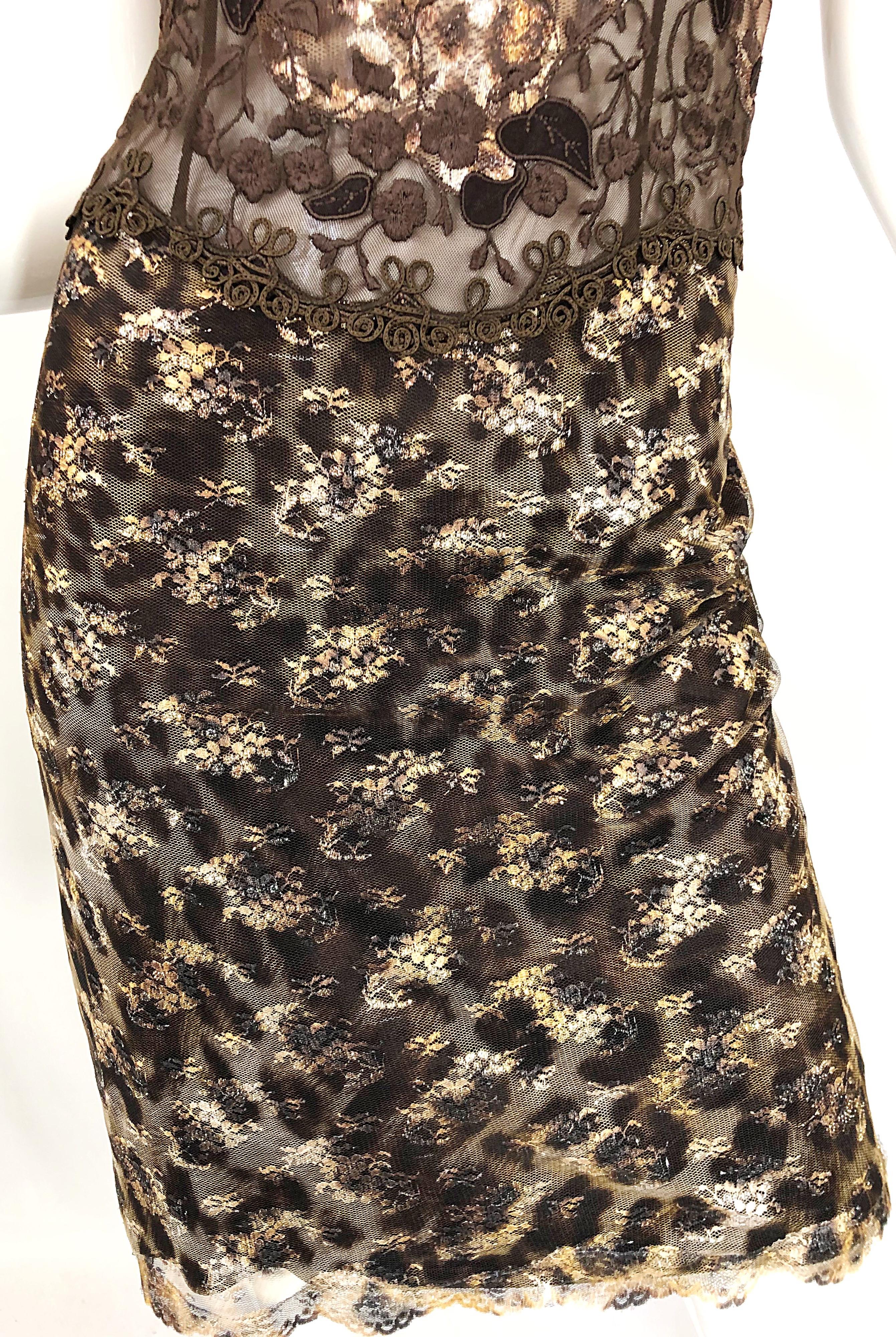 Gai Mattiolo 1990s Sexy Semi Sheer Leopard Brown Metallic Vintage 90s Dress For Sale 1