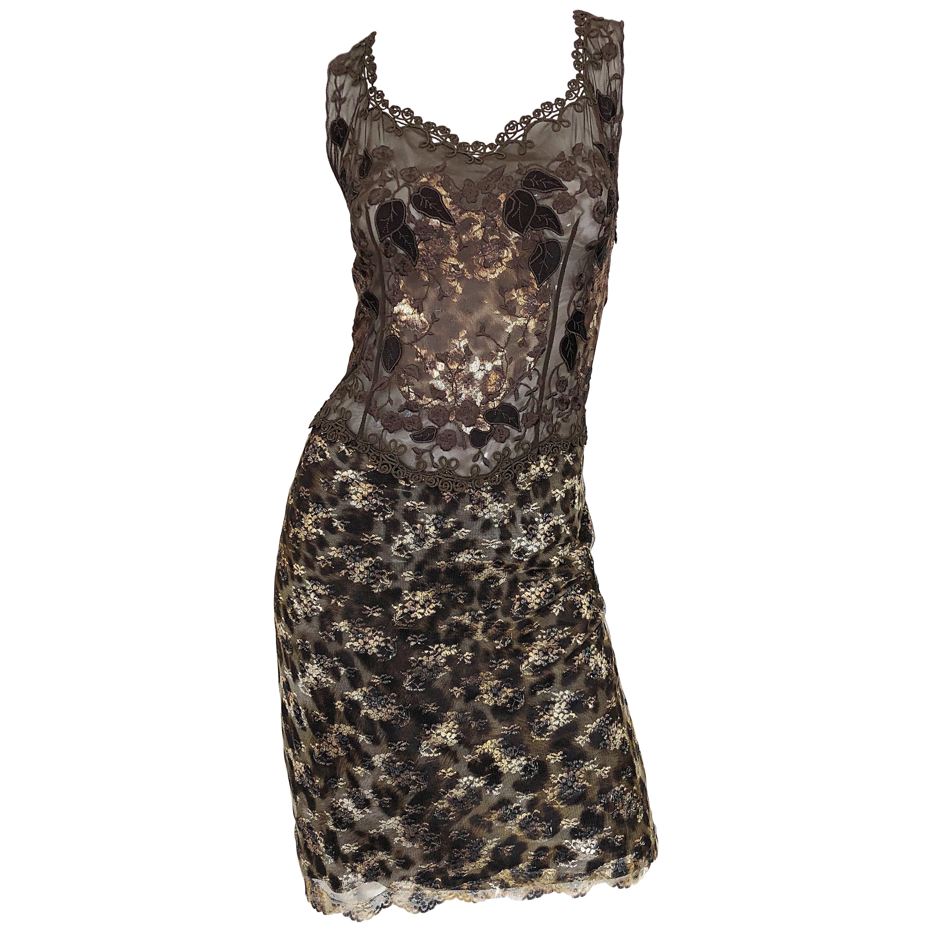 Gai Mattiolo 1990s Sexy Semi Sheer Leopard Brown Metallic Vintage 90s Dress For Sale
