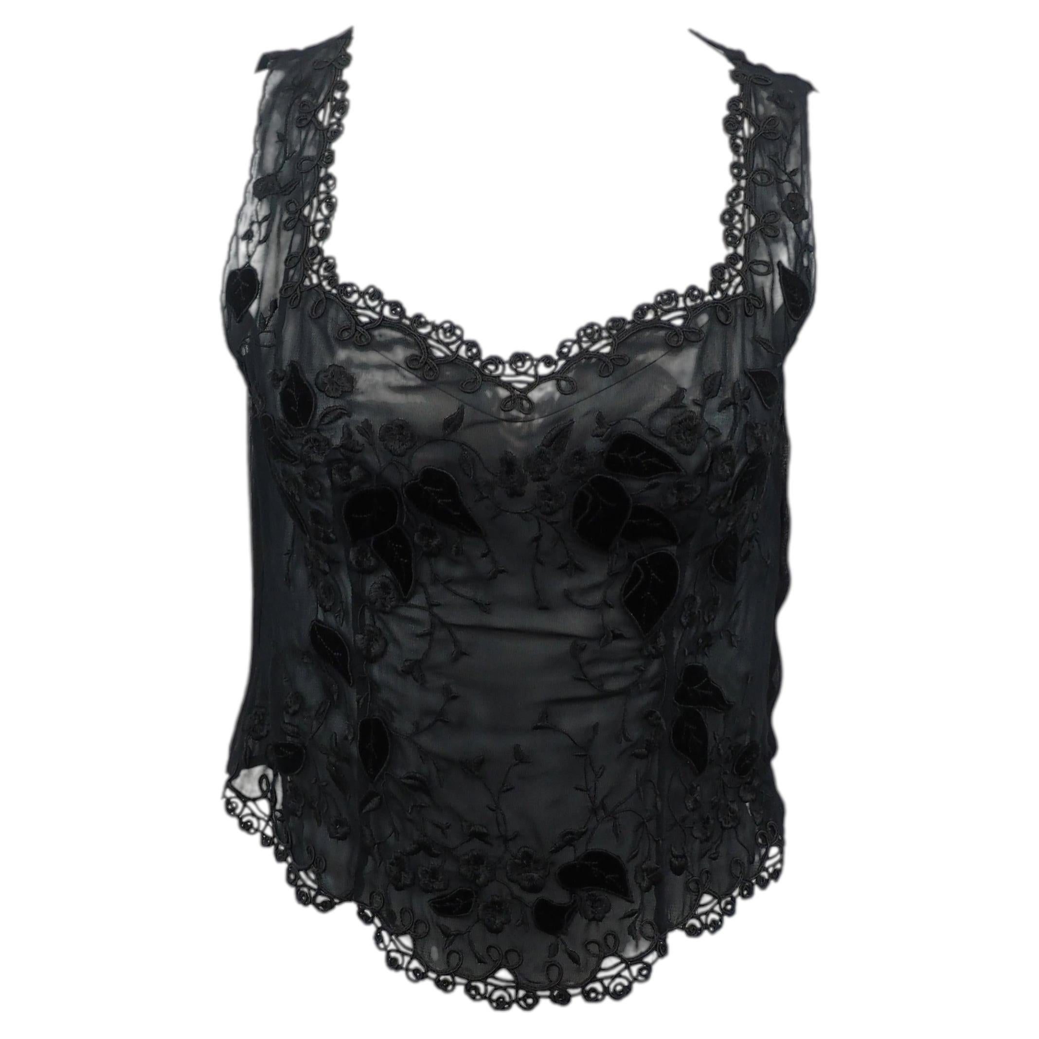Gai Mattiolo Black Chiffon Tank With Embroidery For Sale