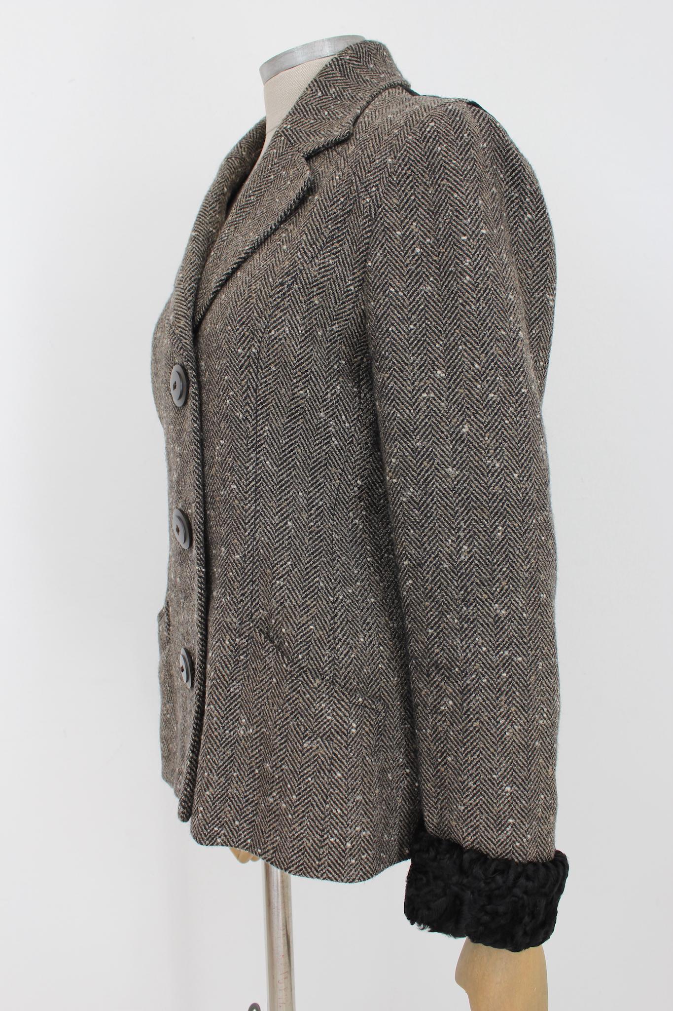 Gray Gai Mattiolo Black White Astrakhan Wool Herringbone Jacket