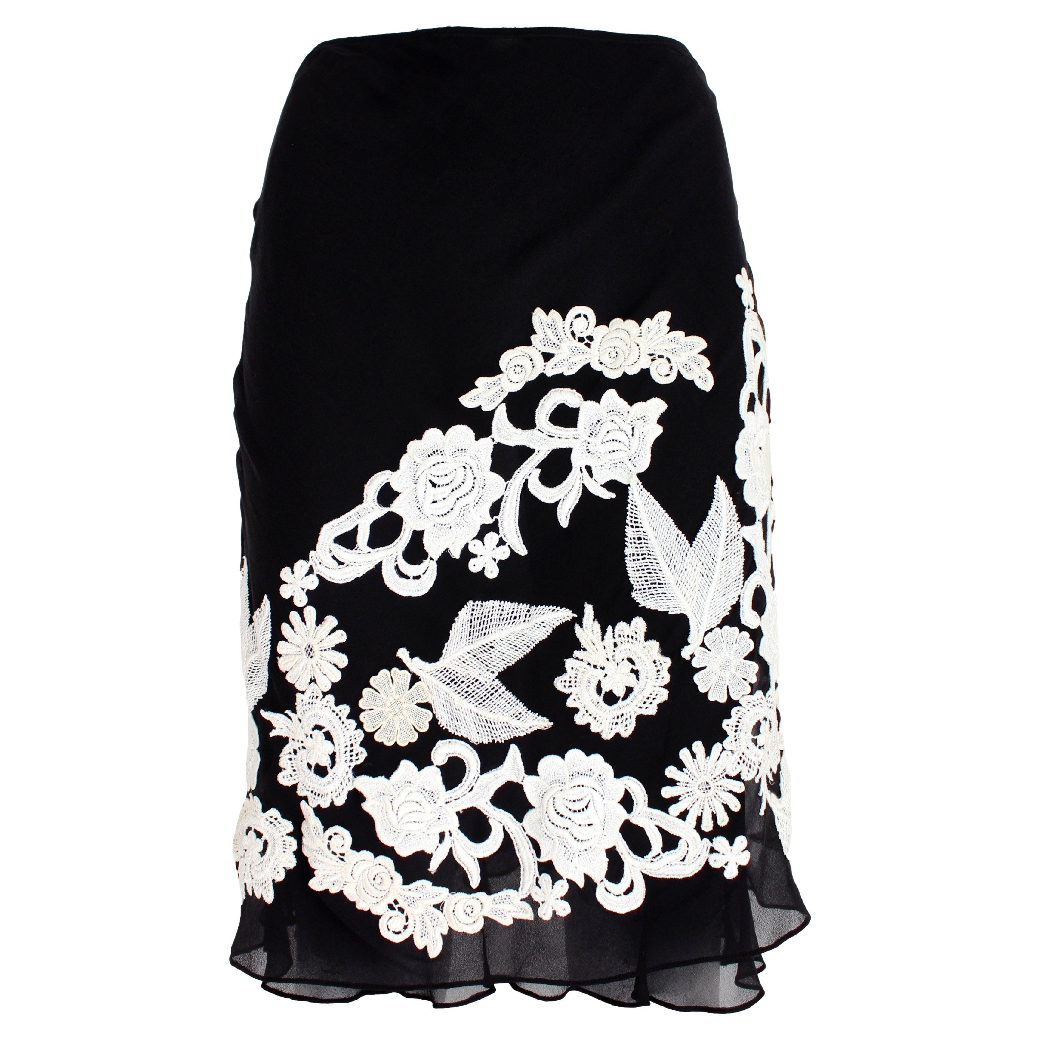 Gai Mattiolo Black White Silk Lace Floral Skirt