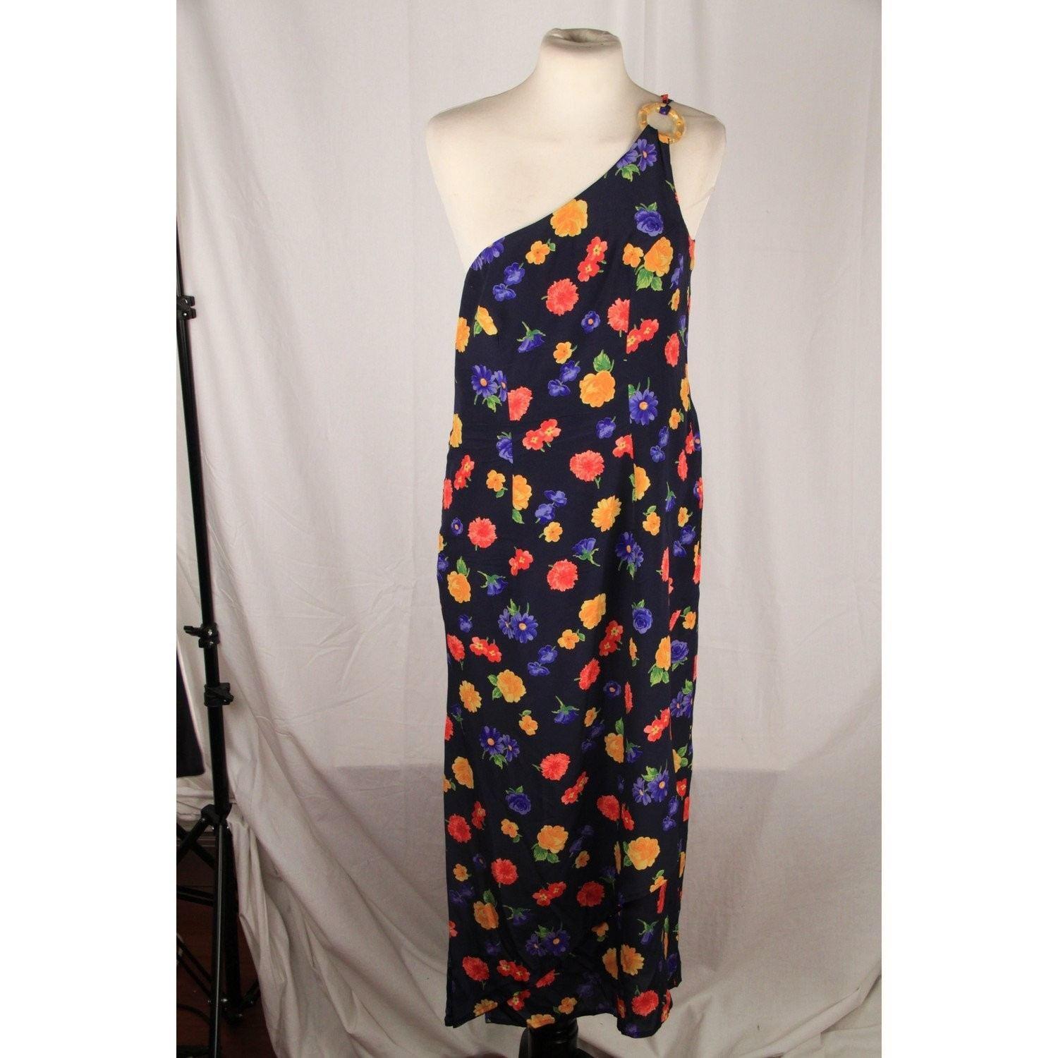 GAI MATTIOLO Blue Floral One Shoulder MAXI DRESS Size 44 In Excellent Condition In Rome, Rome