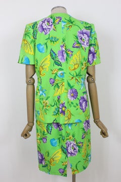 Gai Mattiolo Green Cotton Floral Cocktail Skirt Suit 90s