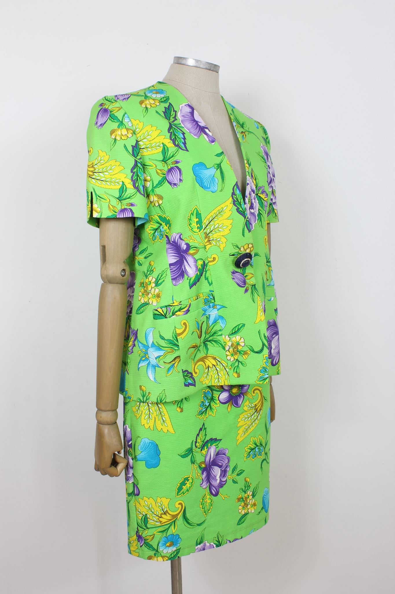 Women's Gai Mattiolo Green Cotton Floral Cocktail Skirt Suit 90s For Sale