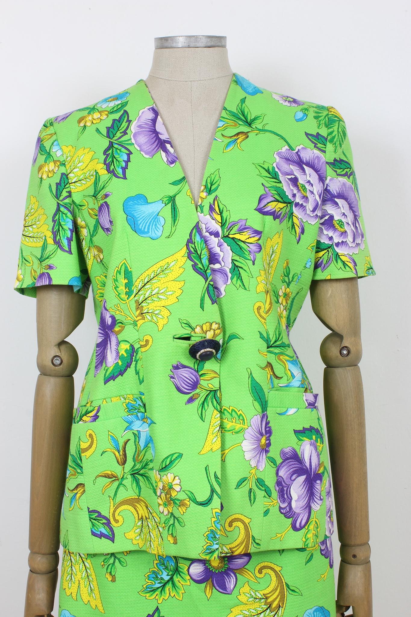 Gai Mattiolo Green Cotton Floral Cocktail Skirt Suit 90s For Sale 1