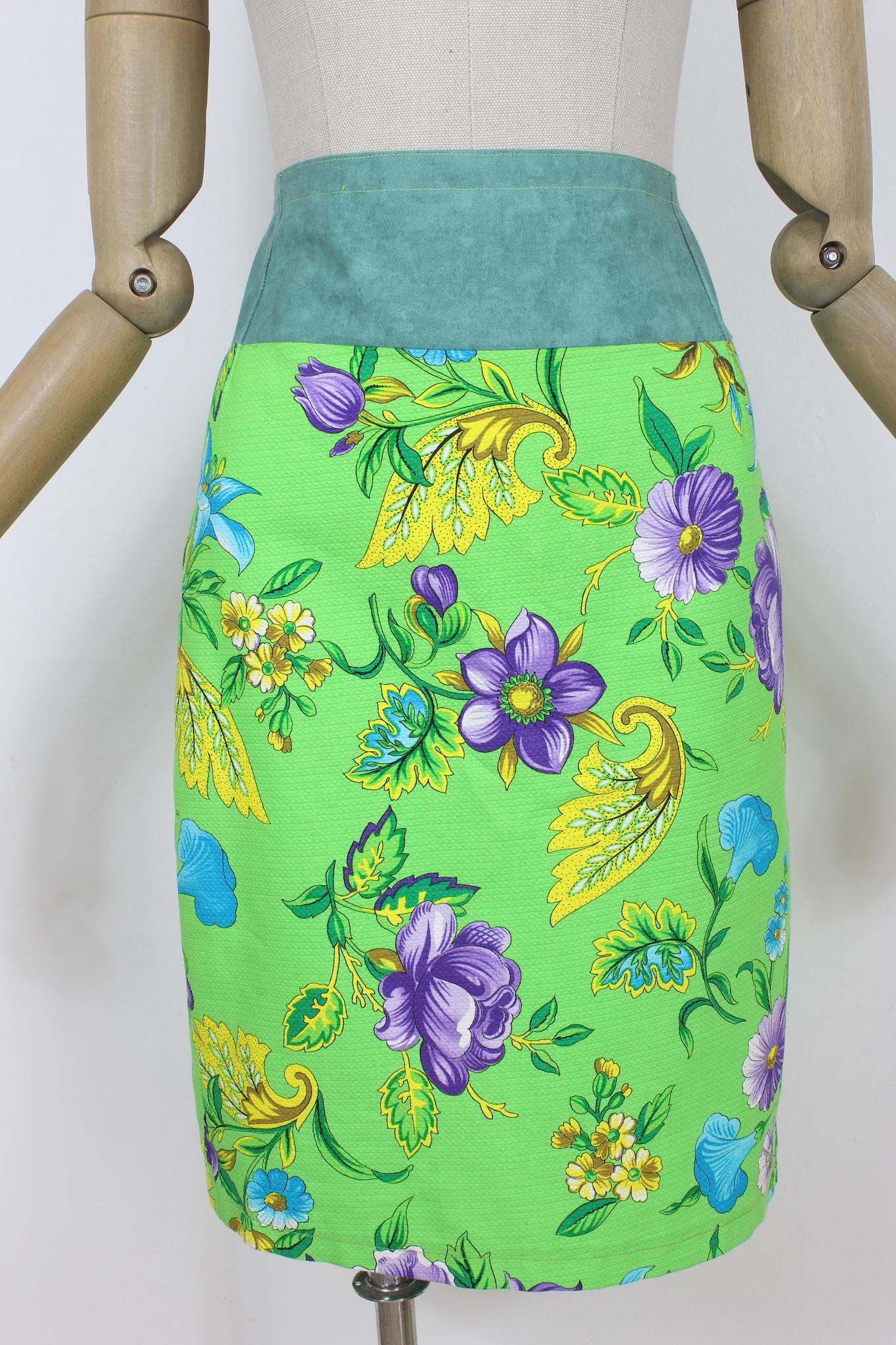 Gai Mattiolo Green Cotton Floral Cocktail Skirt Suit 90s For Sale 2
