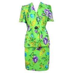 Gai Mattiolo Green Cotton Floral Cocktail Skirt Suit 90s