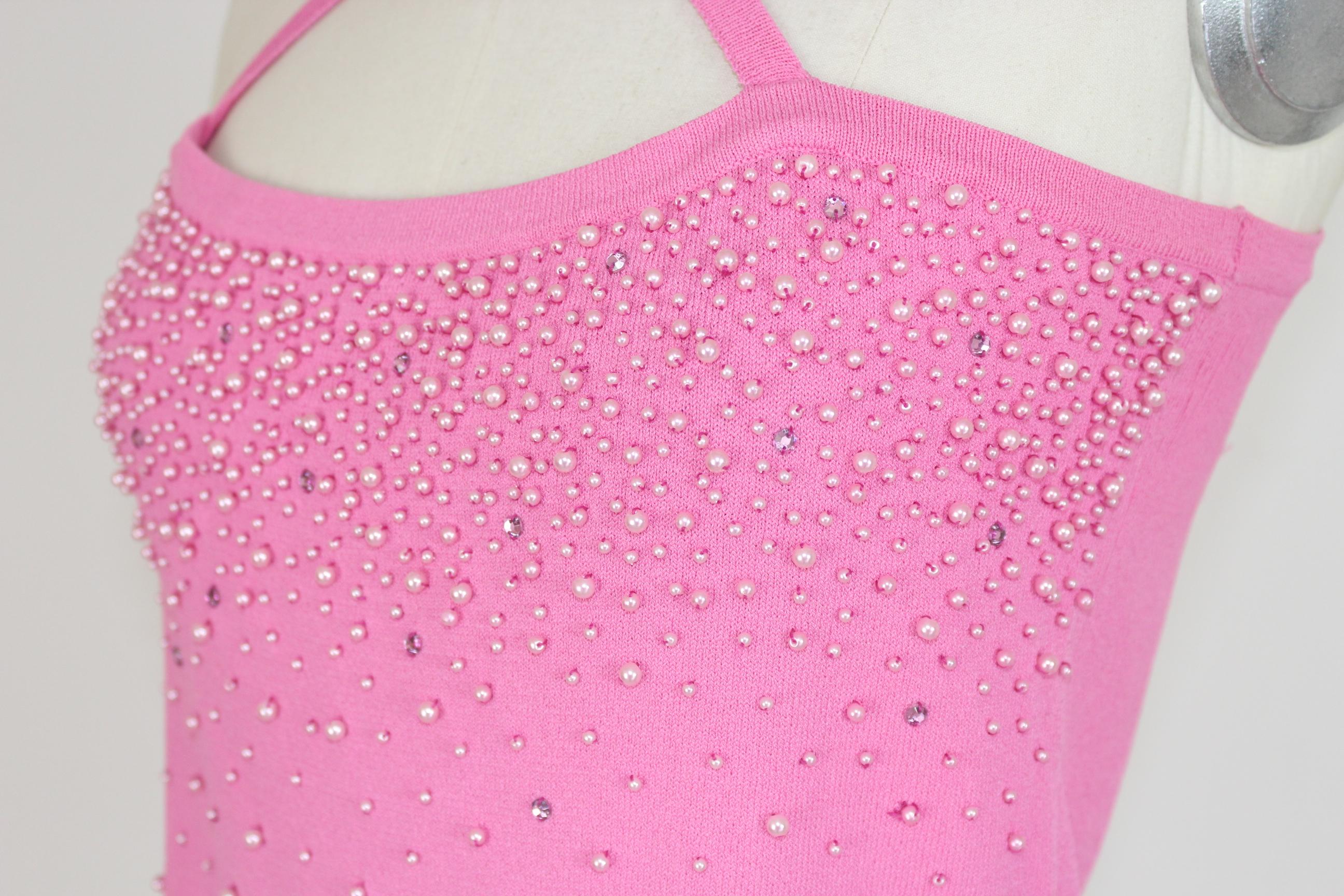 Women's Gai Mattiolo Pink Beaded Sleeveless Shirt Evening Top