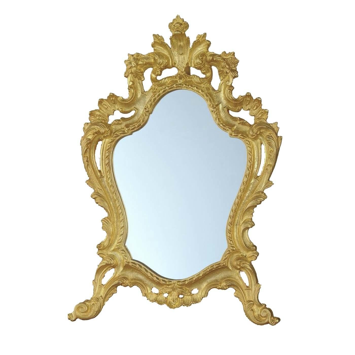 This superb mirror will enrich any decor and is particularly suitable for a traditional interior, either in an entryway as lavish welcoming piece, or to adorn a mantelpiece. Its bronze frame is finished in satin gold and features two feet supporting