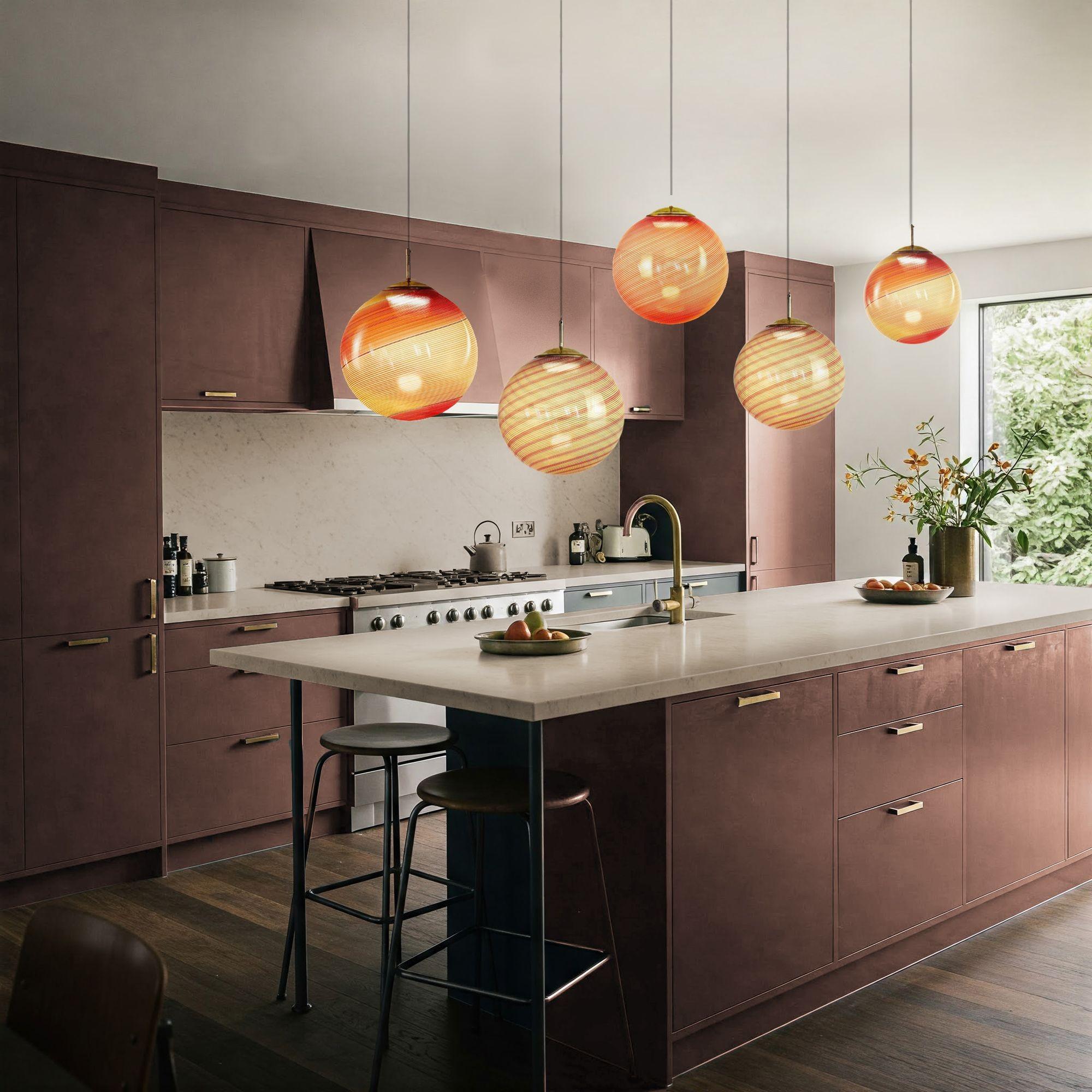 Brass Gaia Trittico, 3 Murano Red Mezza Filigrana glass sphere Silvio Piattelli Design For Sale