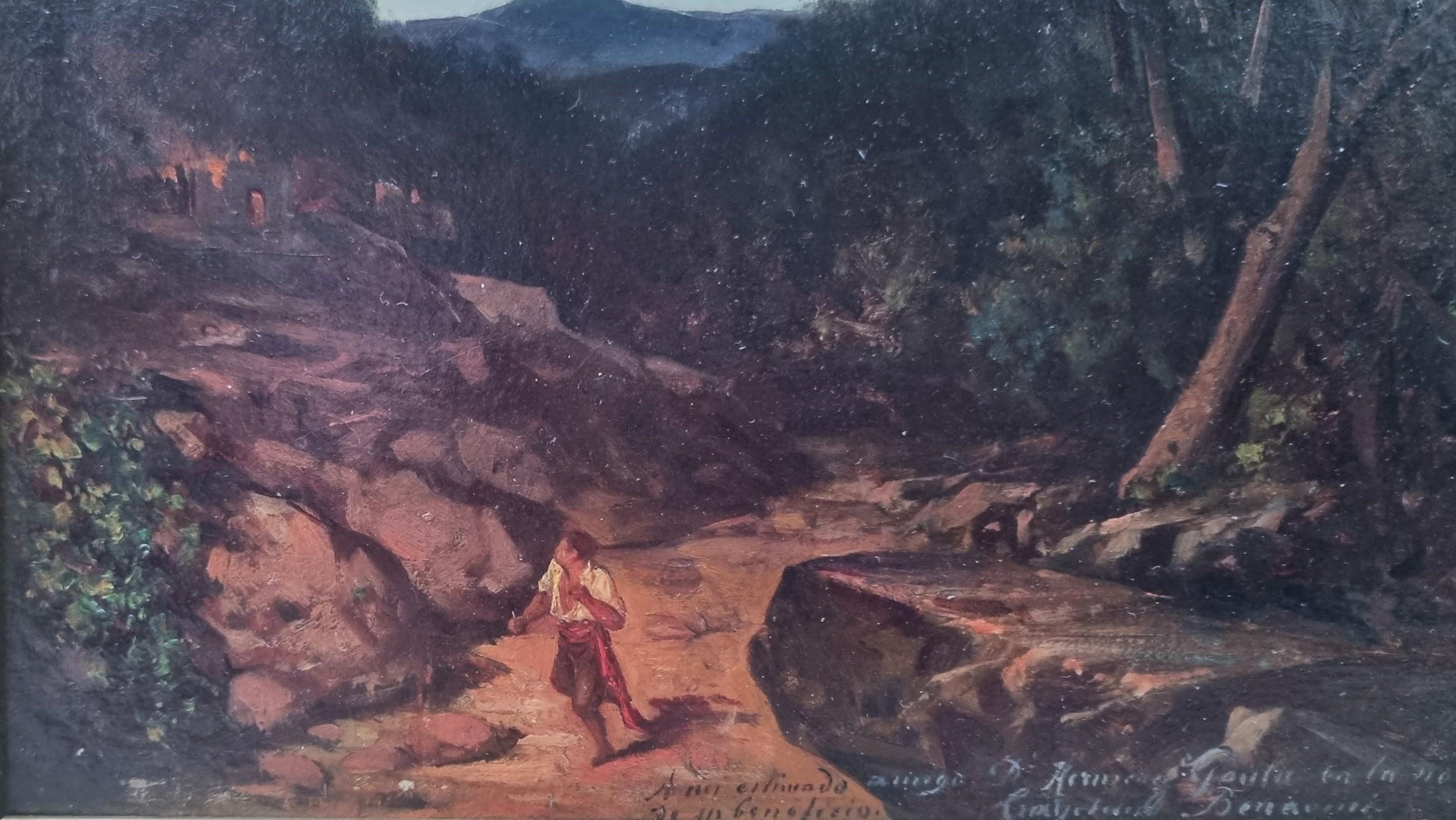 BENAVENT ROCOMORA Spanish painter night landscape fire 19th - Realist Painting by Gaieta BENAVENT ROCOMORA