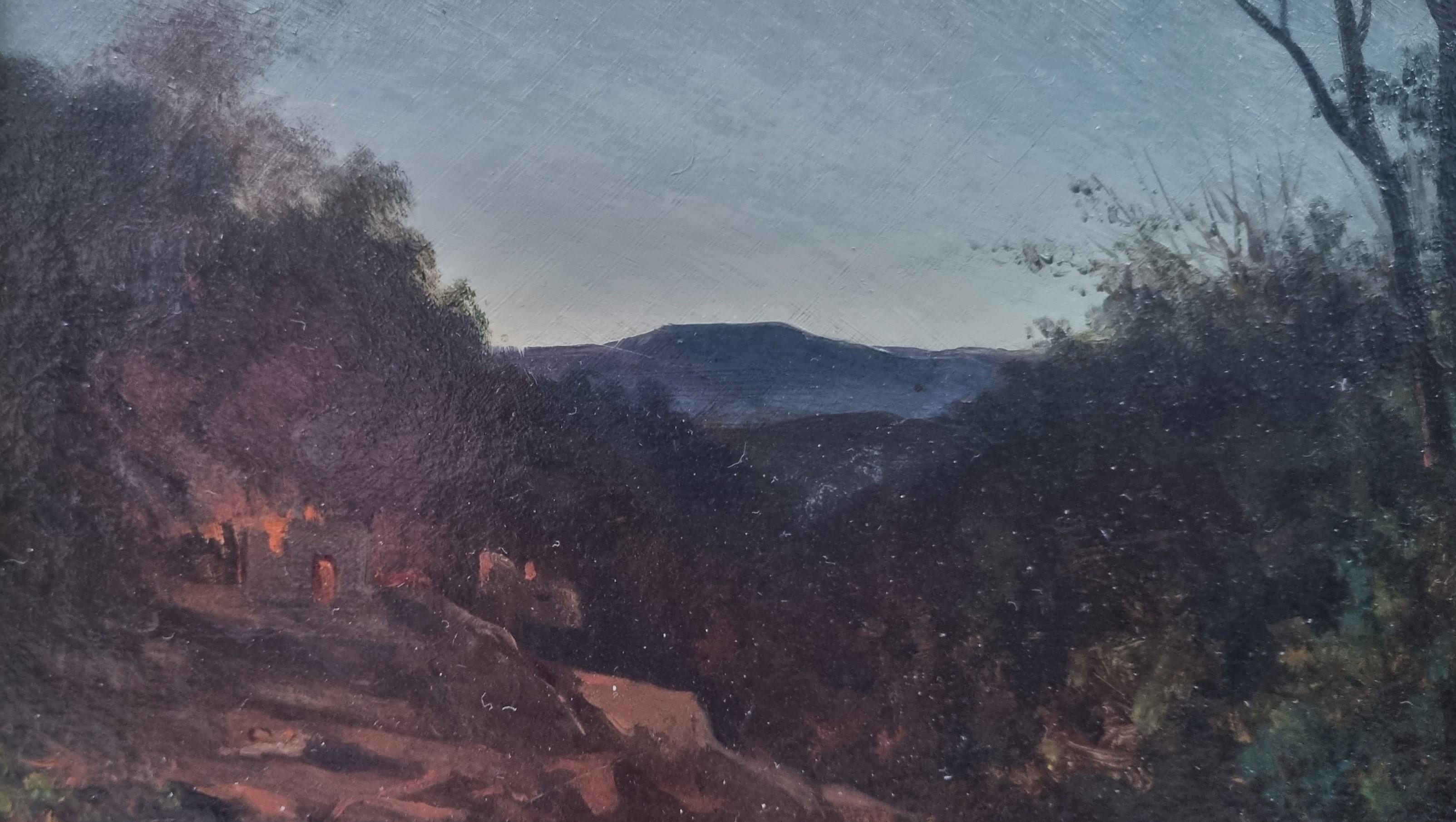BENAVENT ROCOMORA Spanish painter night landscape fire 19th - Gray Landscape Painting by Gaieta BENAVENT ROCOMORA