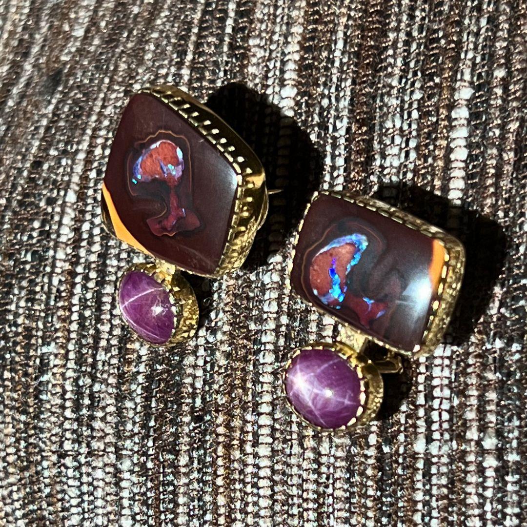 Native American Gail Bird and Yazzie Johnson Yowah Opal and Star Ruby 18 Karat Gold Earrings  For Sale