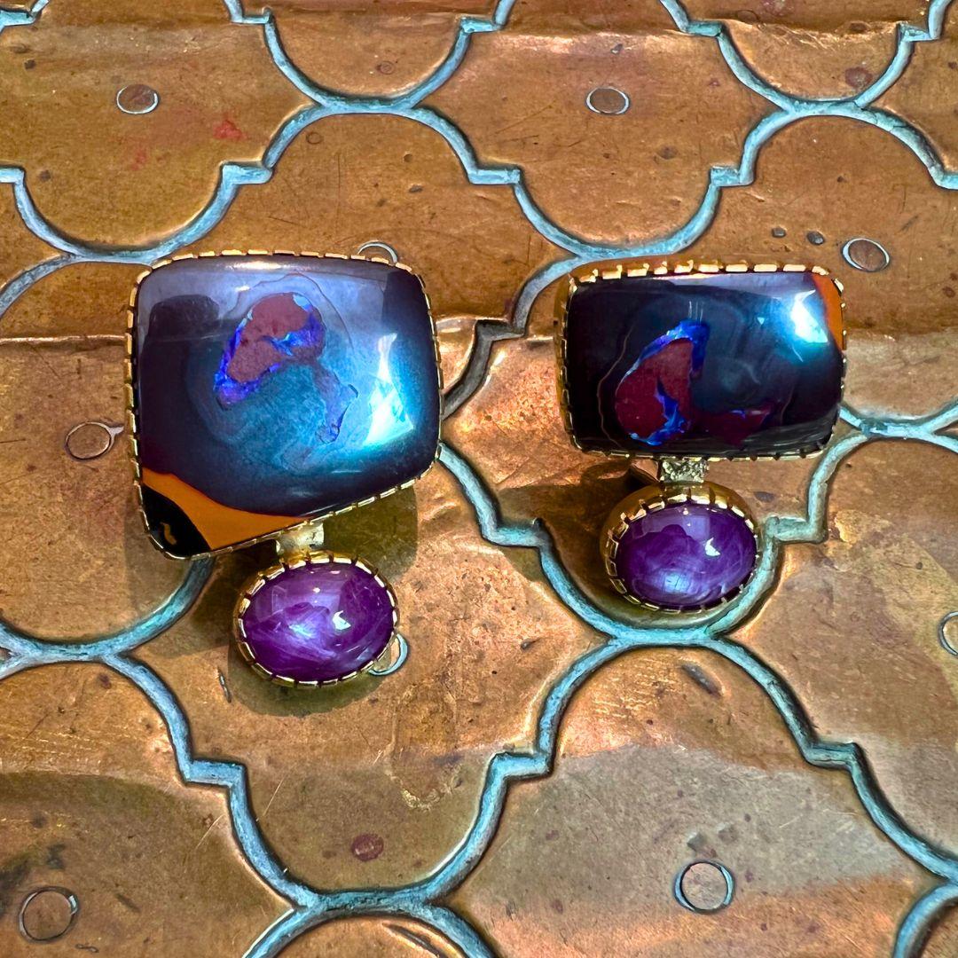 Mixed Cut Gail Bird and Yazzie Johnson Yowah Opal and Star Ruby 18 Karat Gold Earrings  For Sale