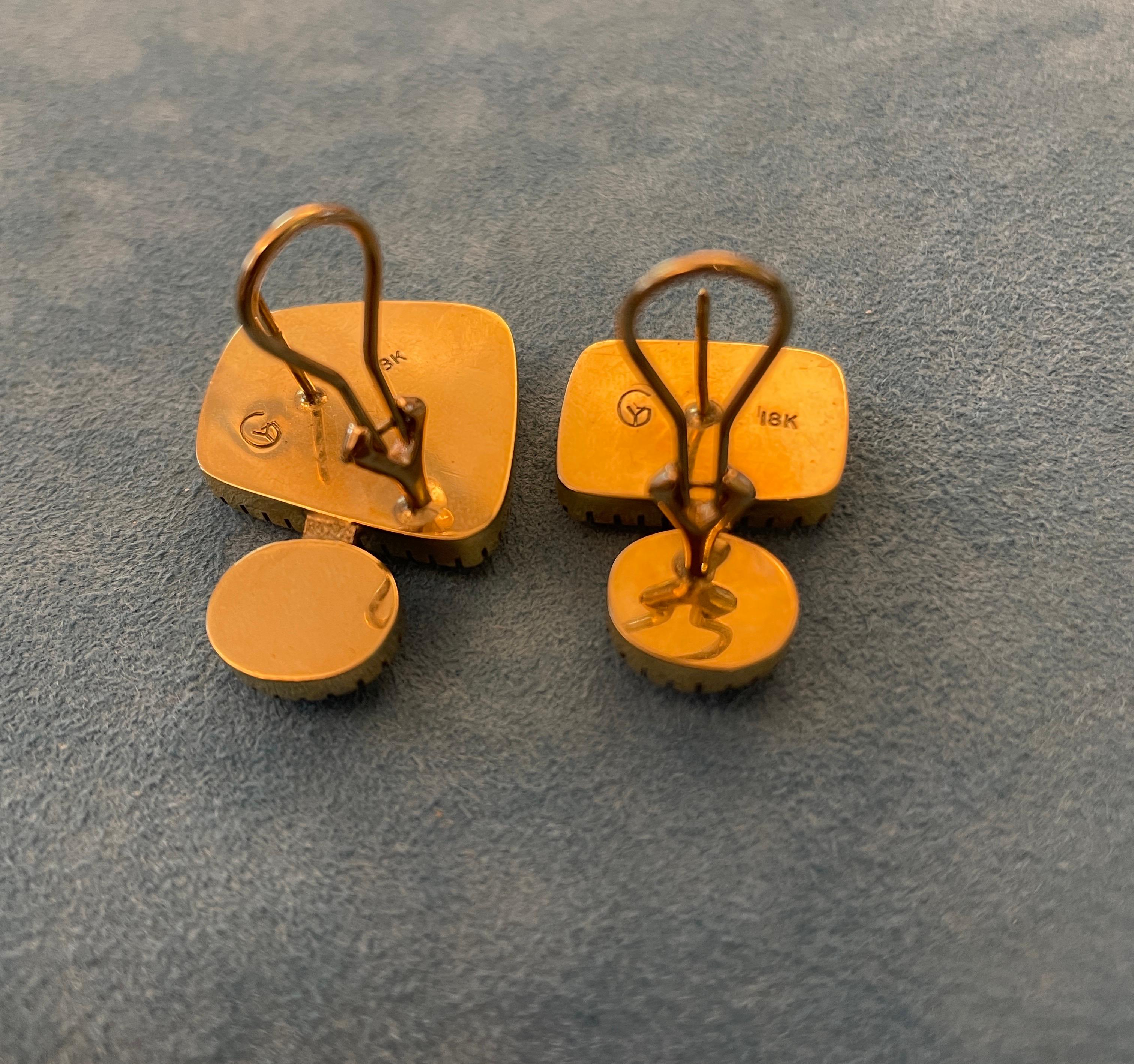 Gail Bird and Yazzie Johnson Yowah Opal and Star Ruby 18 Karat Gold Earrings For Sale 1