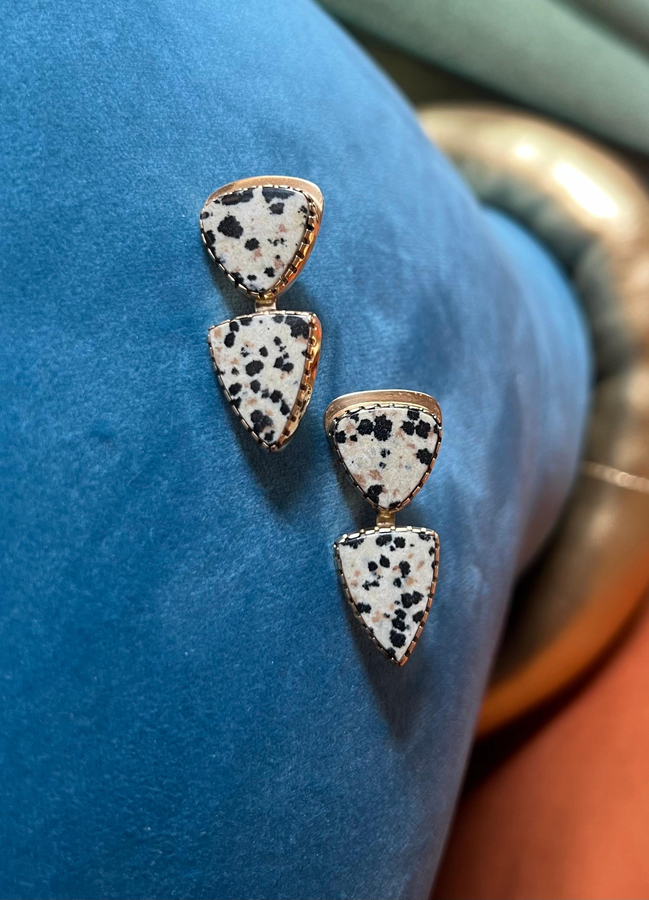 Native American Gail Bird & Yazzie Johnson Dalmatian Jasper and 18 Karat Gold Earrings For Sale