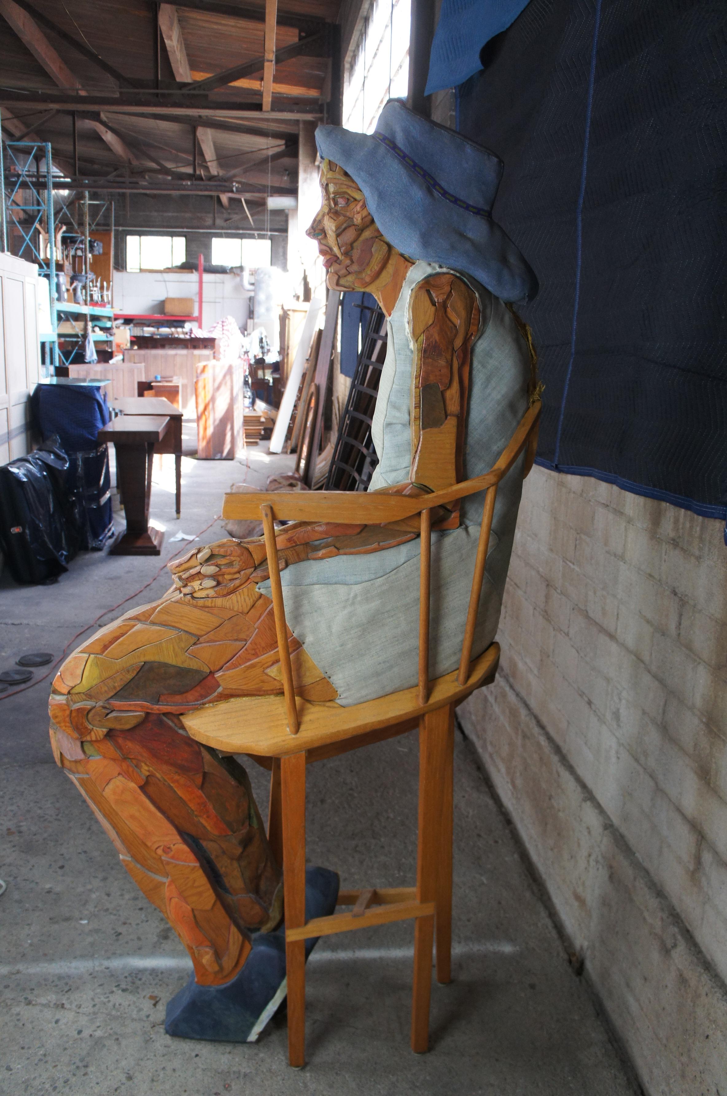 American Gail by Thomas Giebink Larger than Life Wood Art Sculpture Figure Woman in Chair For Sale