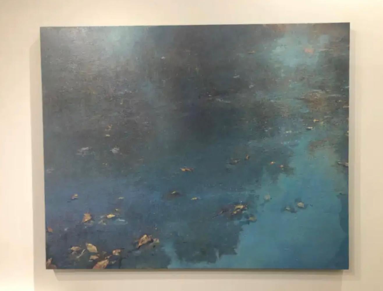 Elegant abstract scene featuring floating leaves on water painted in beautiful blues with touches of gold. Gail Chase Bien paints thinly layered oil on linen over extended periods (months to even years) to complete a single work of art. Taking cues