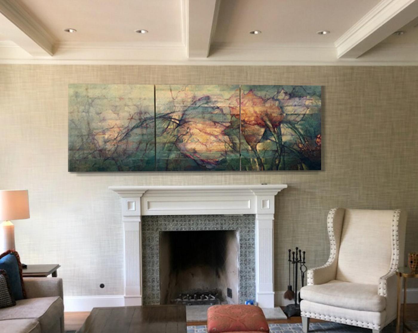 Dramatic floral inspired abstract Impressionist triptych oil painting in three parts. Each canvas is 36 x 36 inches.   The provocative work  by late-career established artist, Gail Chase Bien, is created with a rich range of glowing yellows and deep