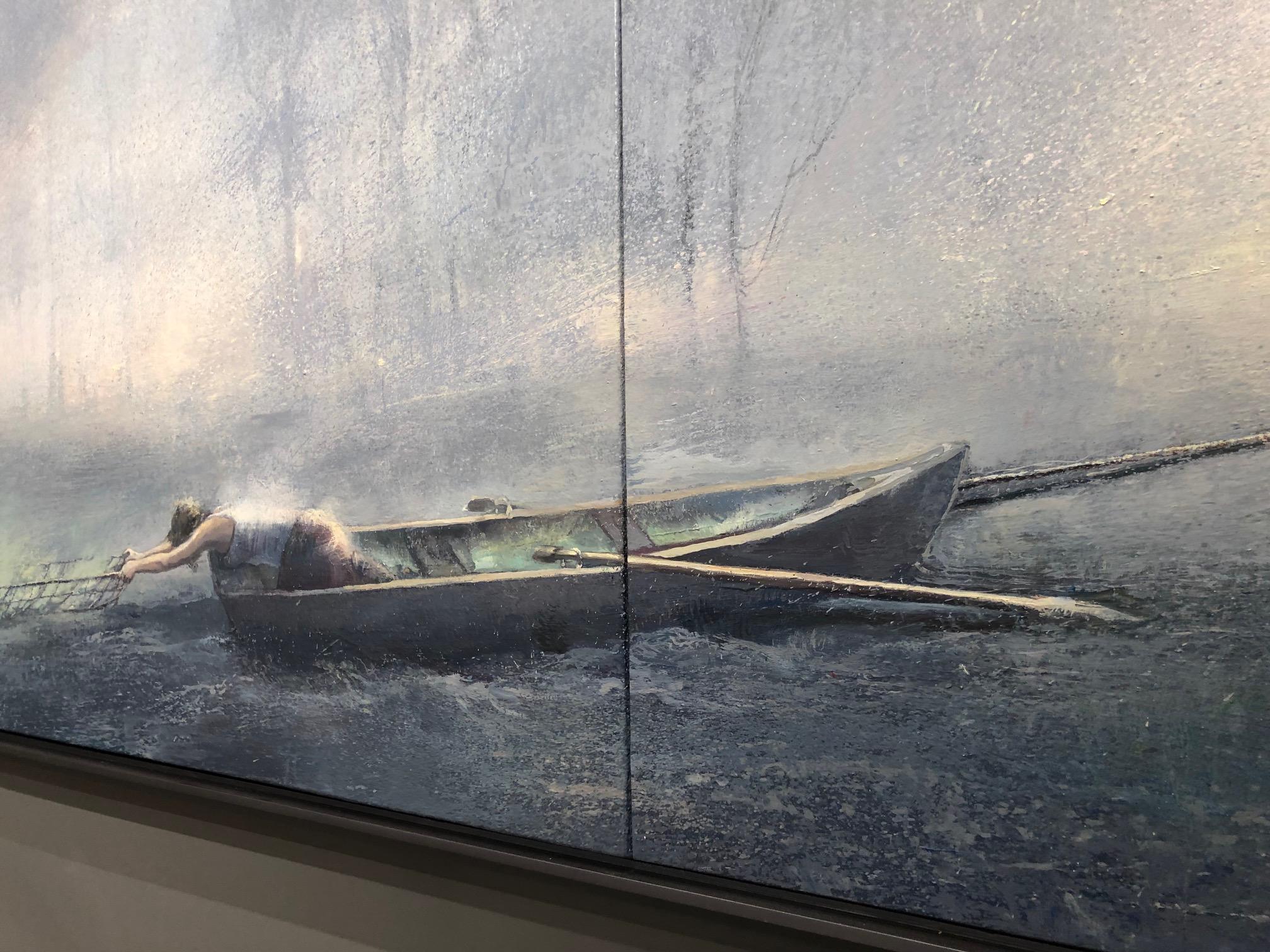 Green Catcher / contemporary minimal, figure in a boat with grey fog - American Realist Painting by Gail Chase-Bien