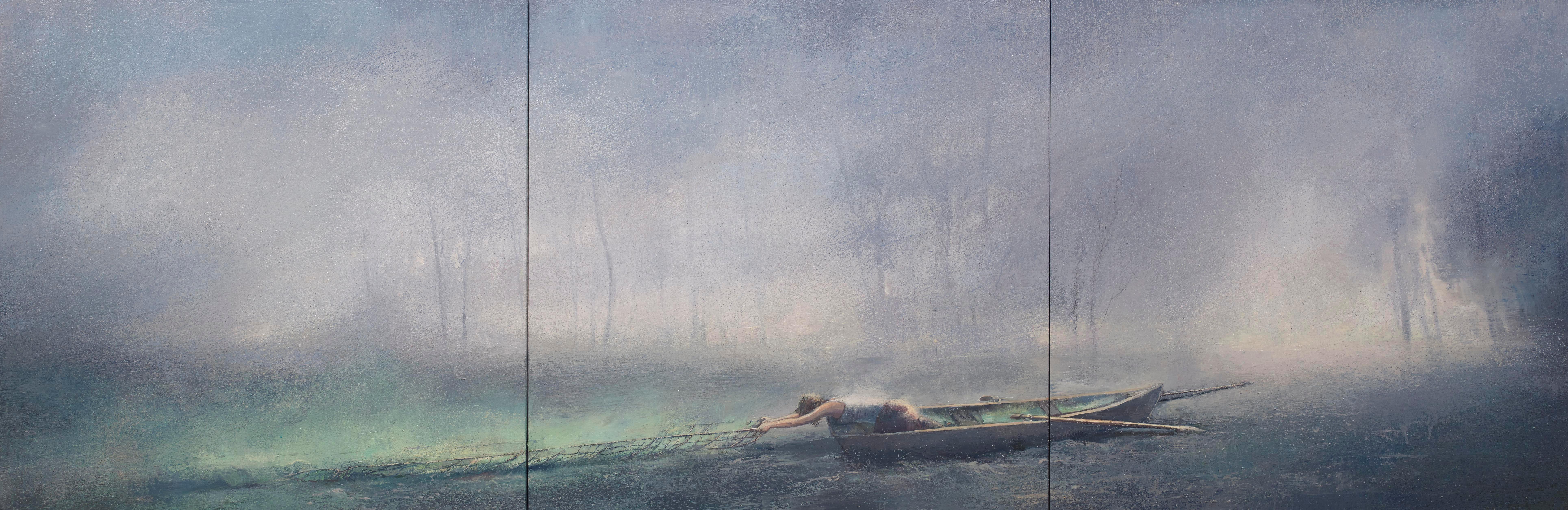 Gail Chase-Bien Landscape Painting - Green Catcher / contemporary minimal, figure in a boat with grey fog