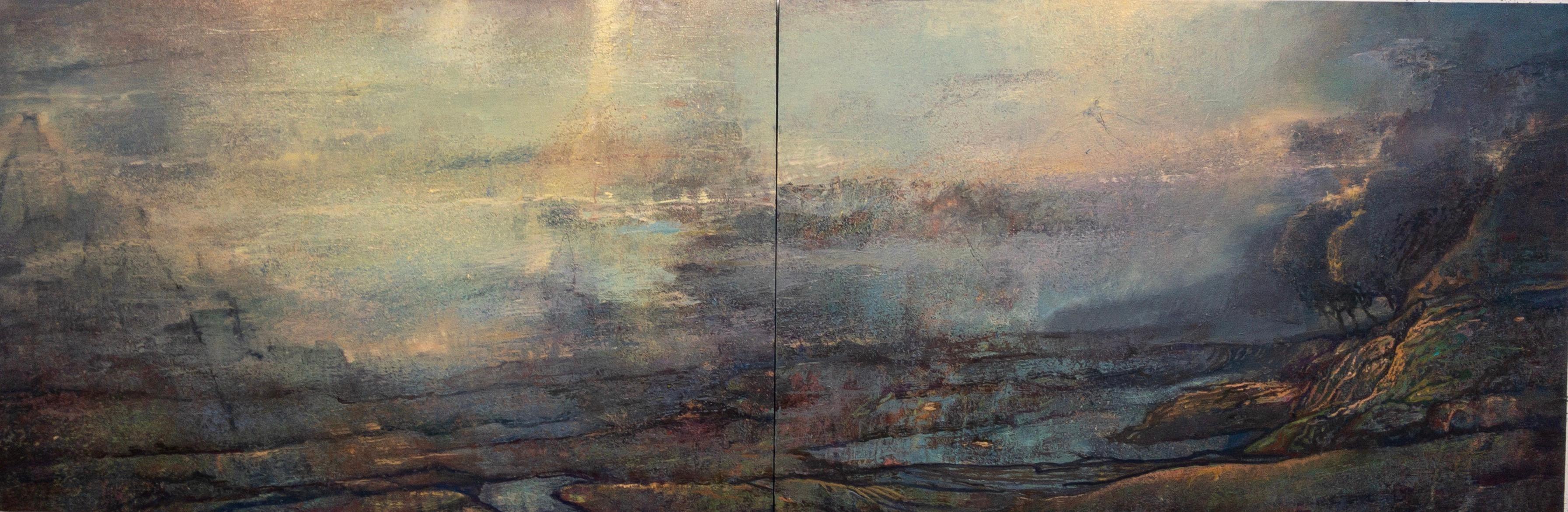 Brief an den sechsten Dichter - 40x120 Öl auf Leinwand Diptychon - heiterer Luxus  (Grau), Abstract Painting, von Gail Chase-Bien