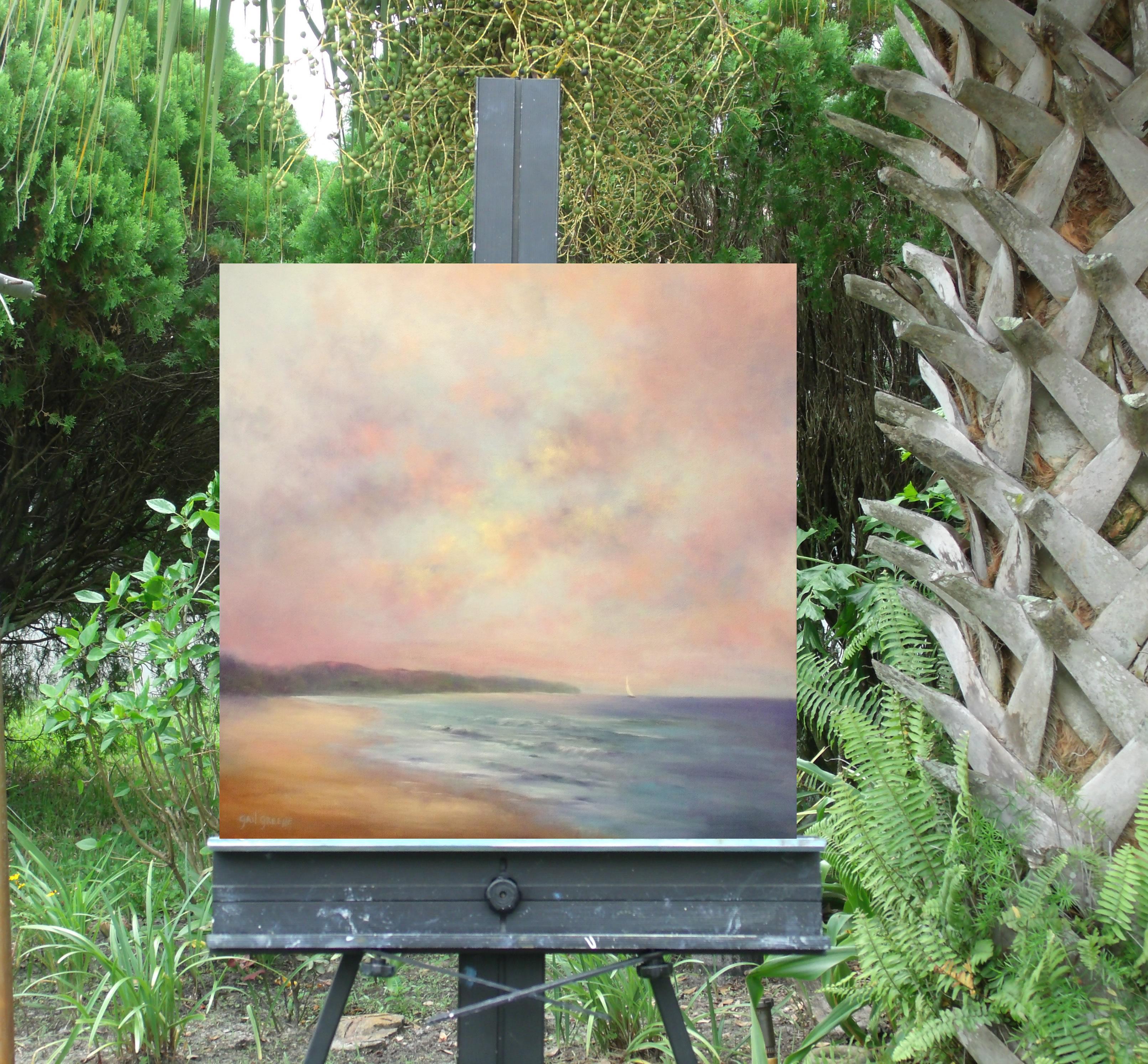 <p>Artist Comments<br />As waves break on shore, a sailboat heads out to sea under the early morning sky.  A series of oil glazes were used to shroud the headlands in a mystical glow. This piece is on gallery wrapped canvas and the painting