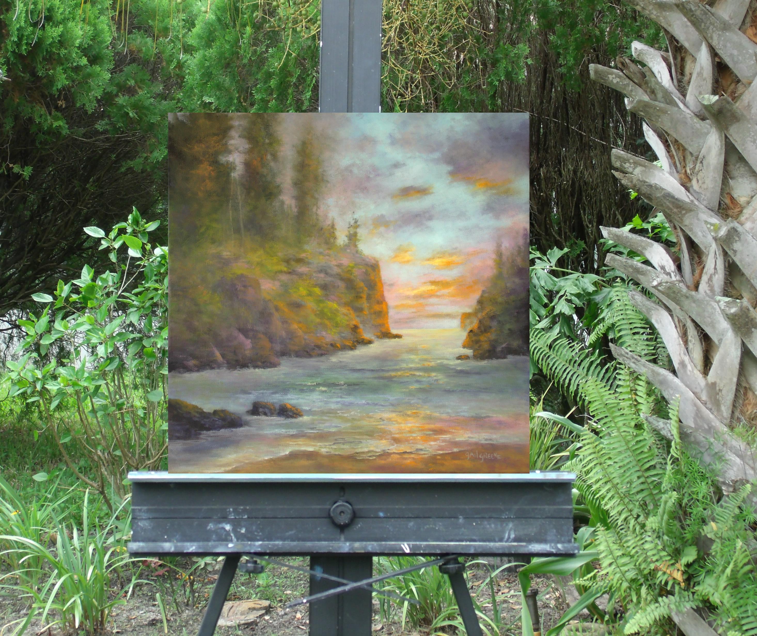 <p>Commenti dell'artista<br />Quando la giornata volge al termine, il tempo sembra essersi fermato mentre la luce rimanente proietta una serie di sfumature morbide e meravigliose sulle scogliere e sul mare sottostante.  Questo quadro è realizzato su