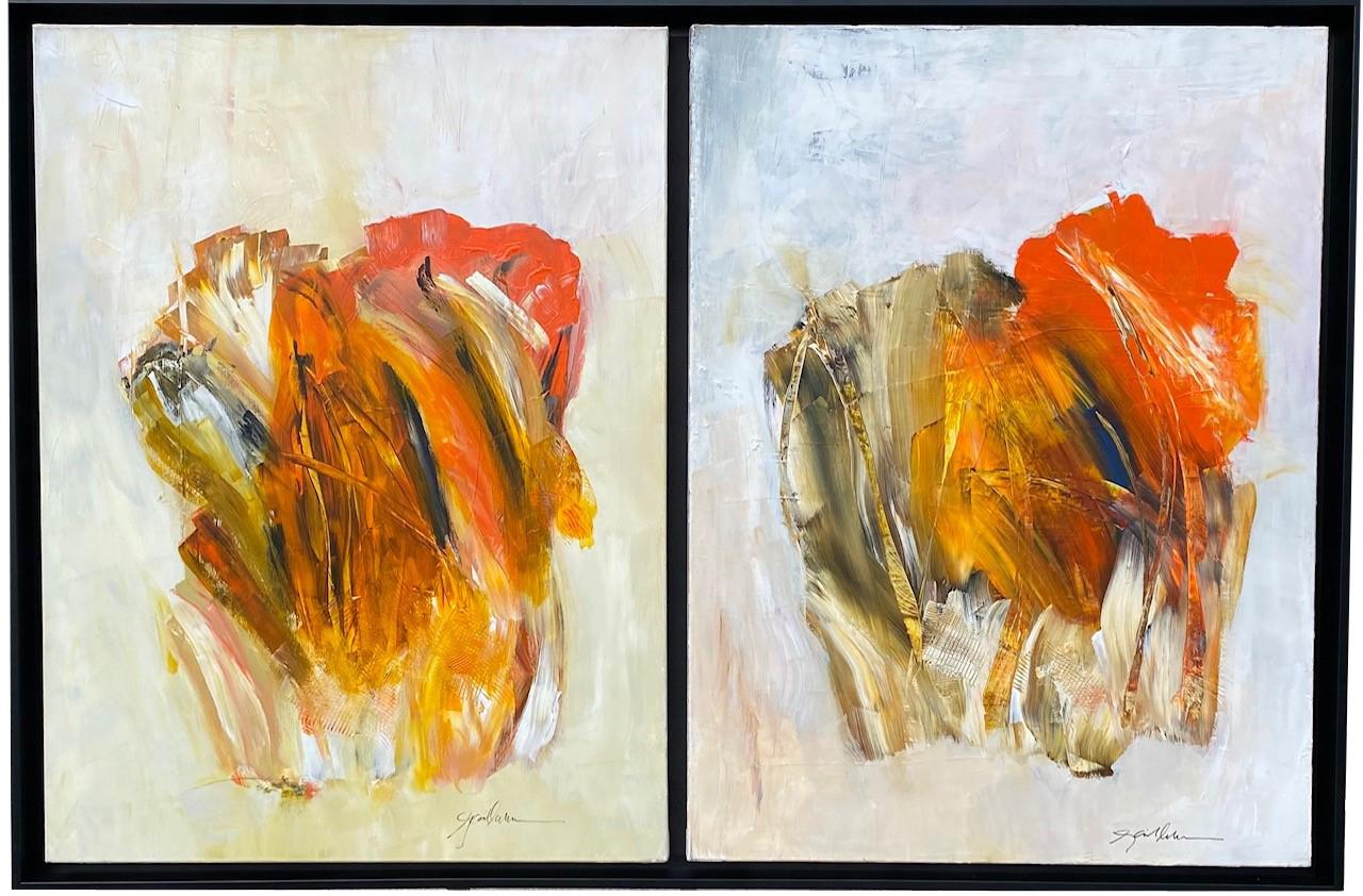 Gail Lehman Abstract Painting - 'Double orange' diptych acrylic on canvas 43" x 64" framed by Gail