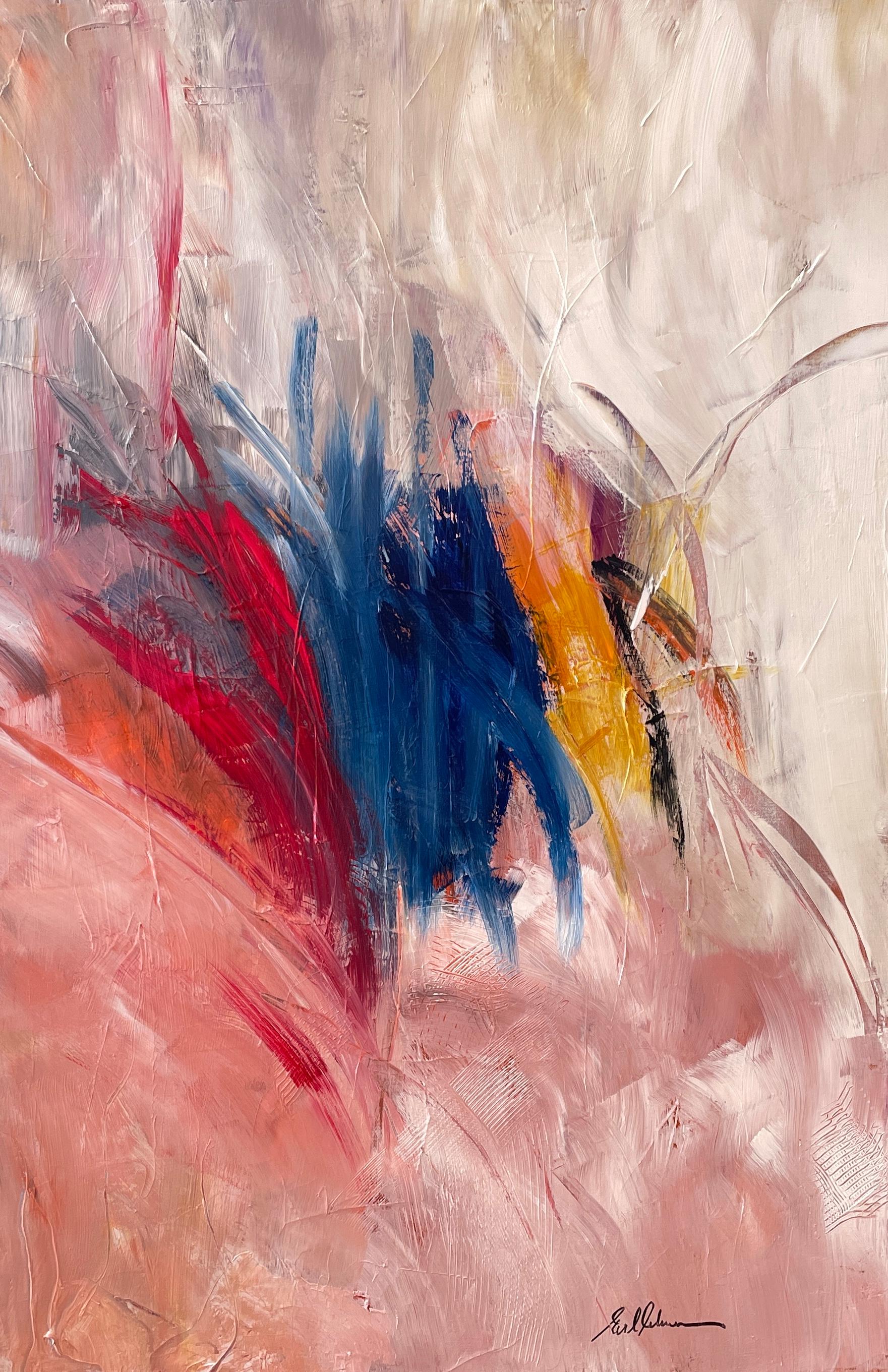 "Dreaming of Spring" Expressionniste abstrait contemporain rouge, bleu et orange - Mixed Media Art de Gail Lehman